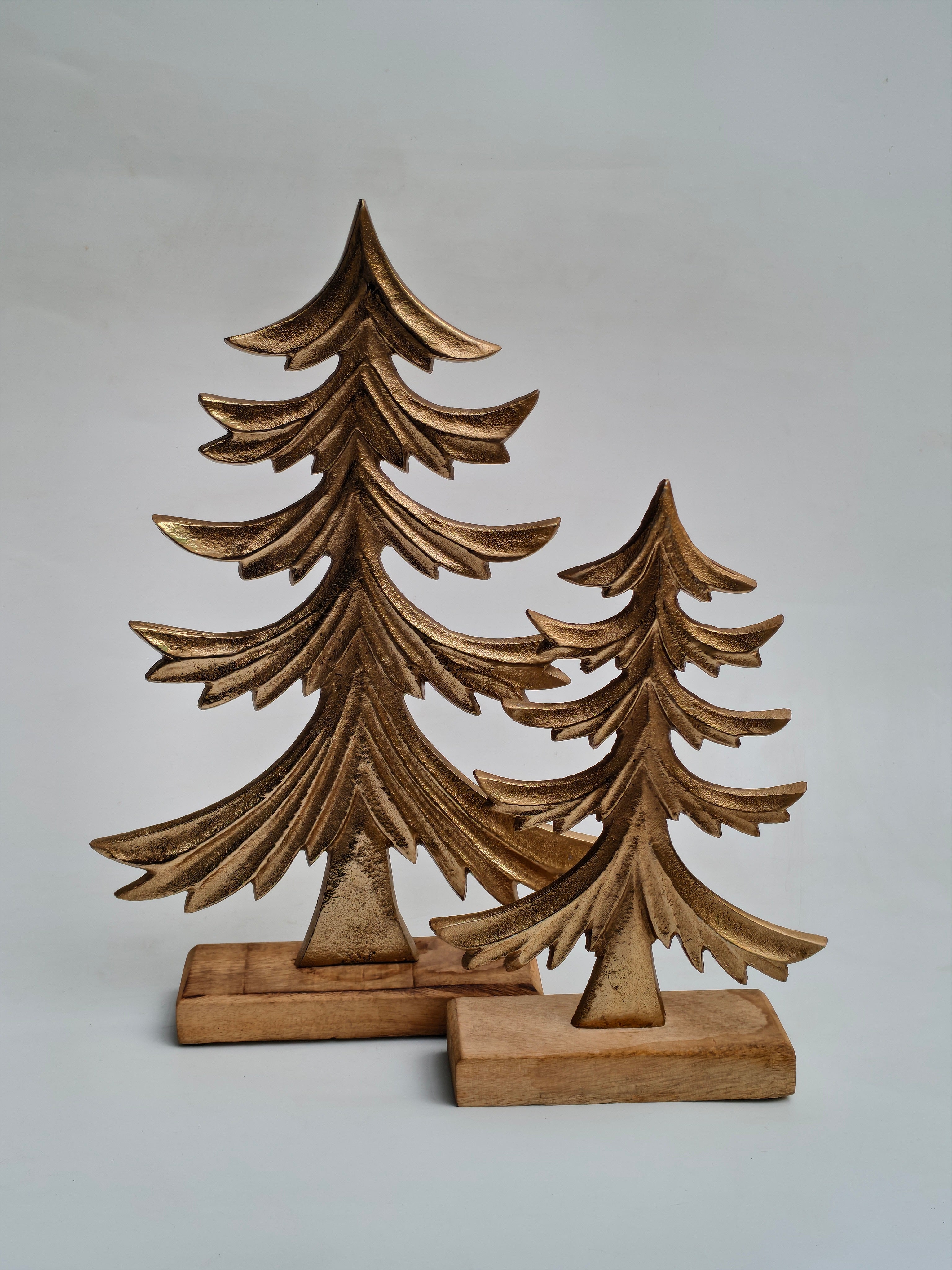 Set of 2 Golden Metal Christmas Trees with Wooden Base | Elegant Festive Table Décor