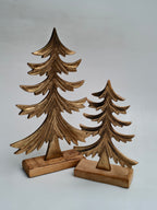 Set of 2 Golden Metal Christmas Trees with Wooden Base