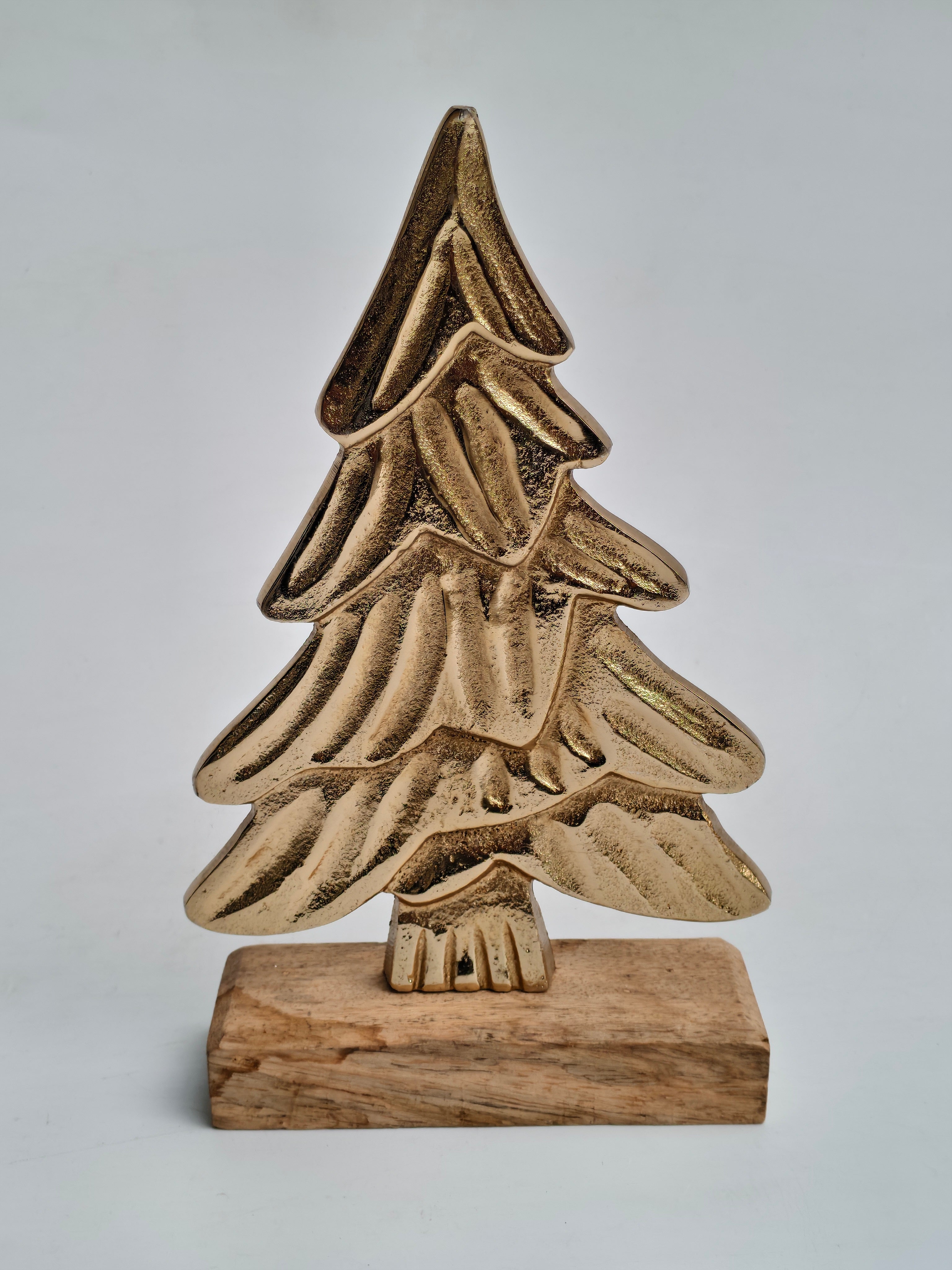 Golden Metal Christmas Tree with Wooden Base | Festive Table Décor