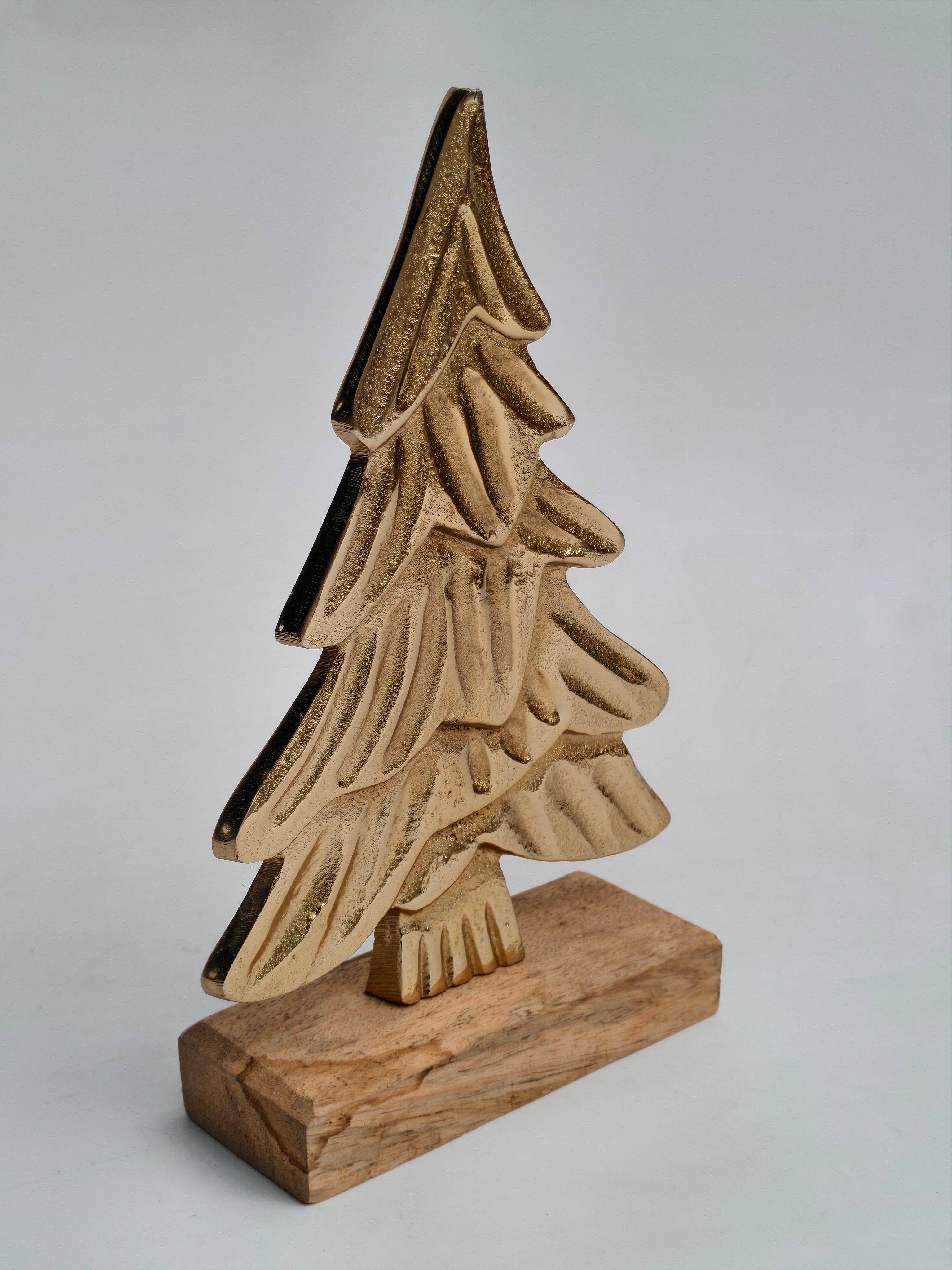 Golden Metal Christmas Tree with Wooden Base | Festive Table Décor