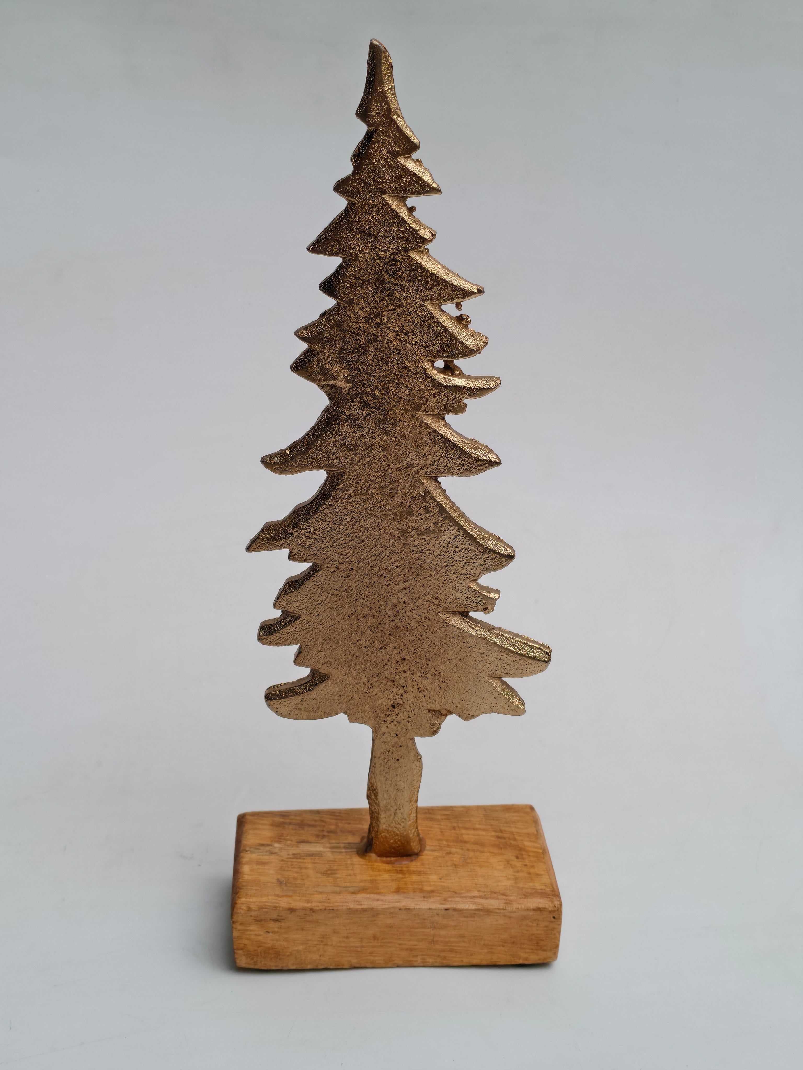 Golden Metal Christmas Tree with Wooden Base | Elegant Holiday Tabletop Décor