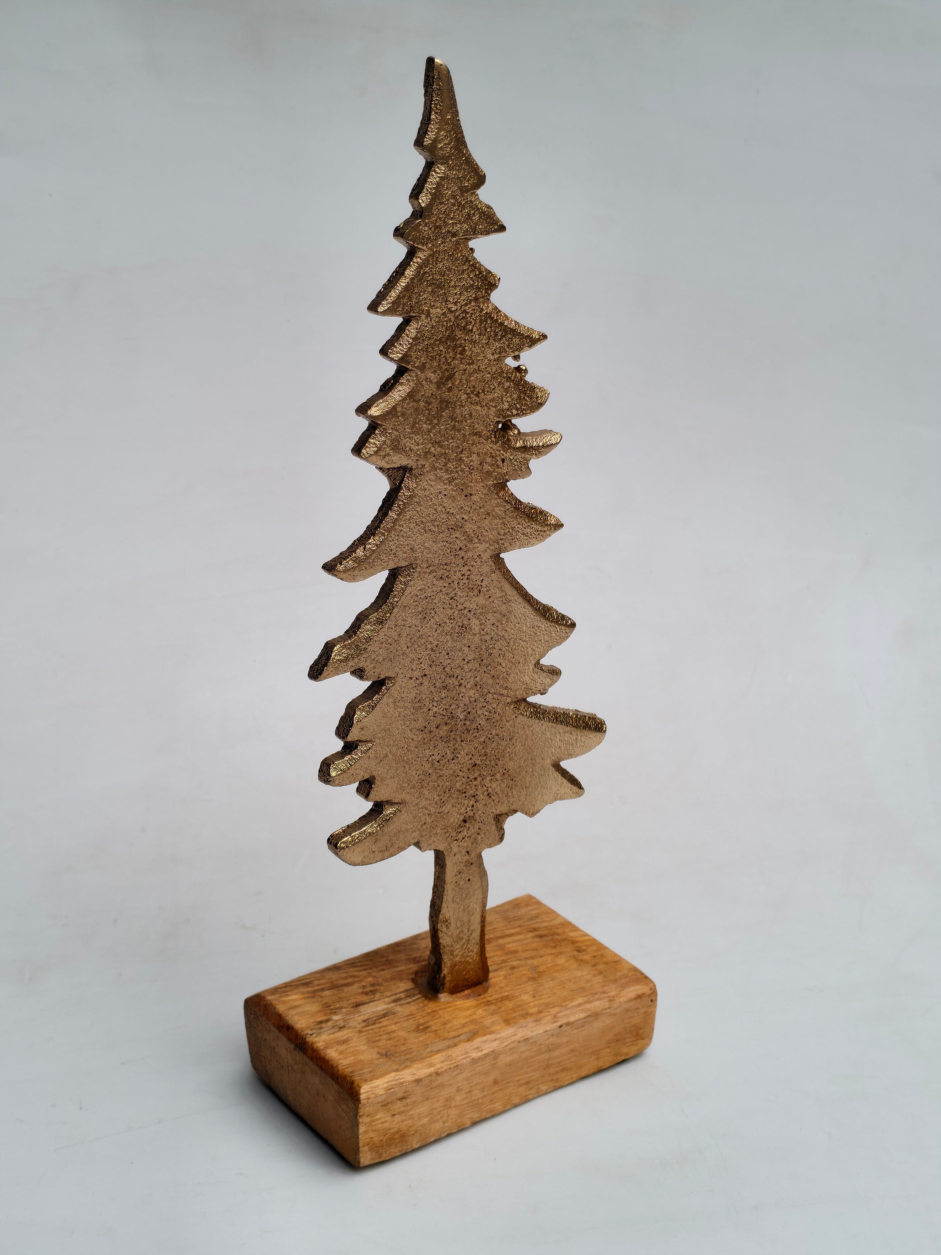 Golden Metal Christmas Tree with Wooden Base | Elegant Holiday Tabletop Décor