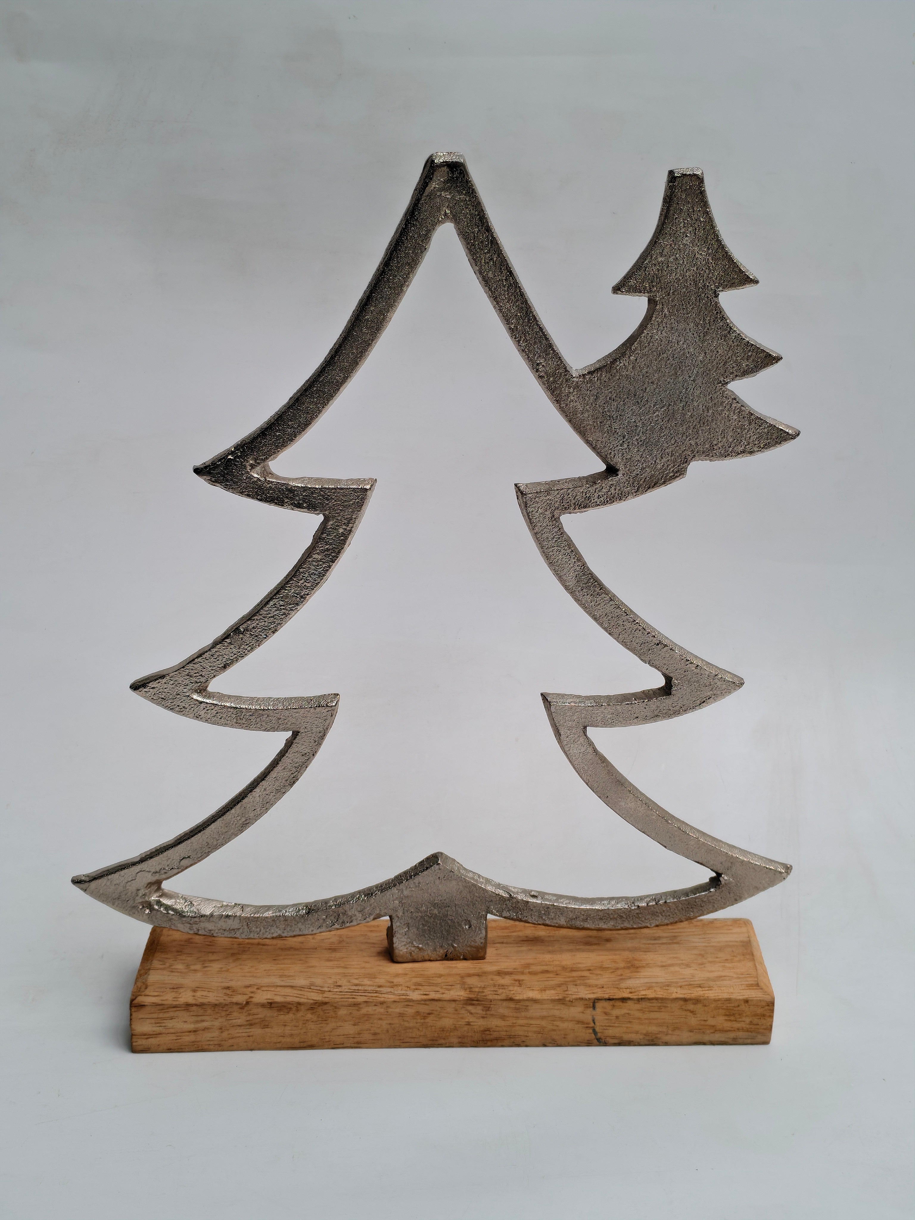 Silver Metal Christmas Tree with Wooden Base | Elegant Festive Accent Decor