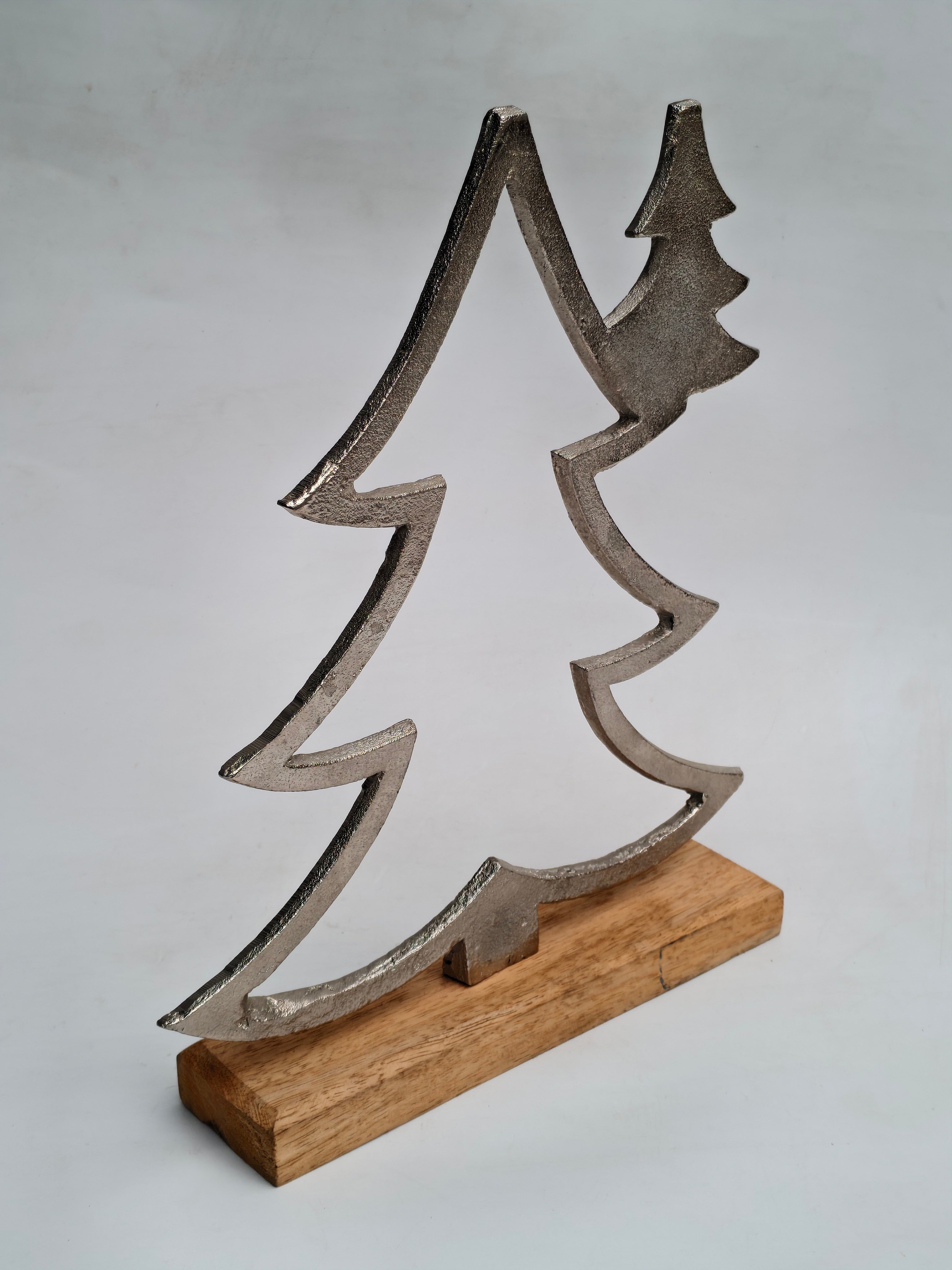 Silver Metal Christmas Tree with Wooden Base | Elegant Festive Accent Decor