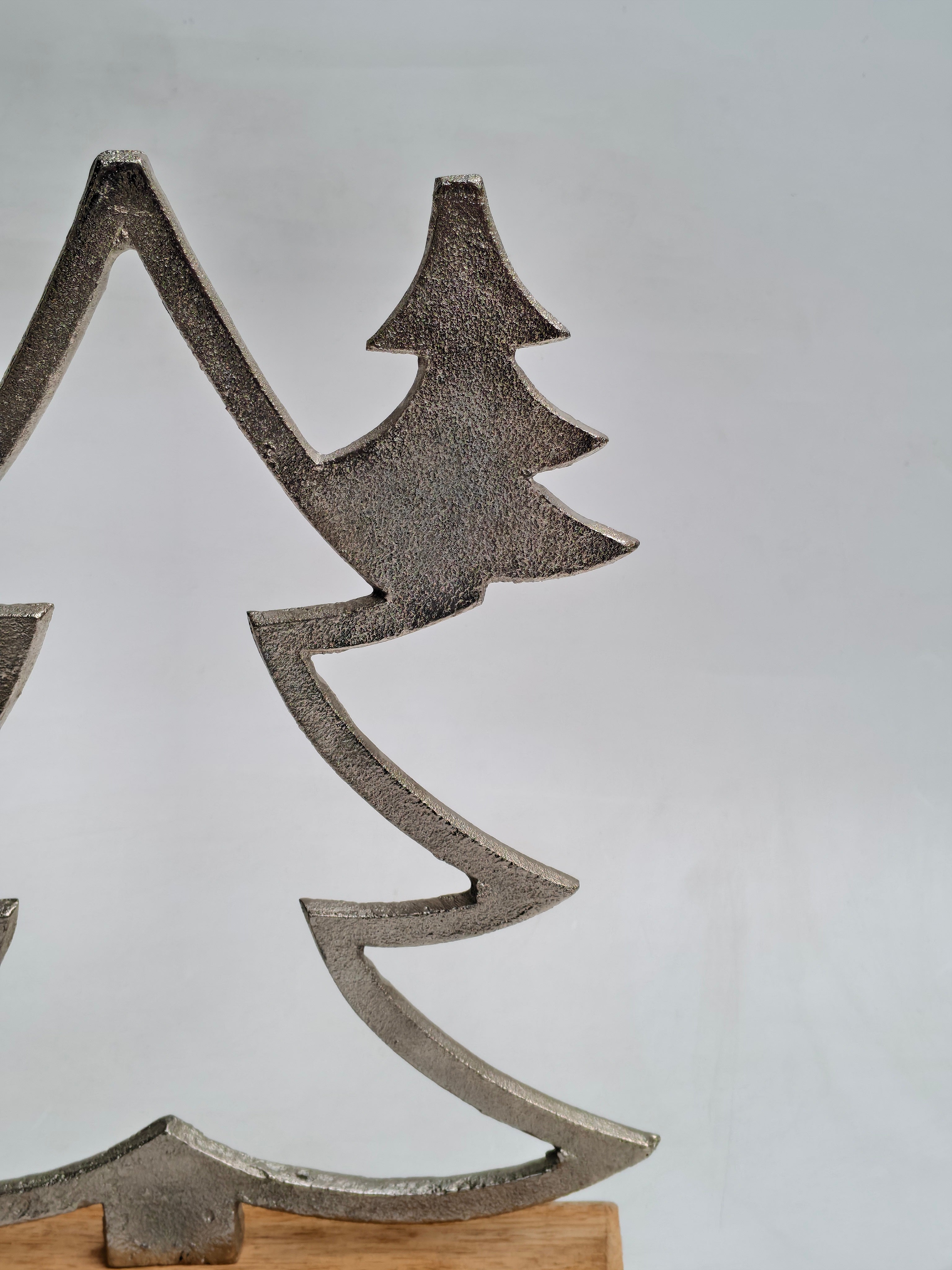 Silver Metal Christmas Tree with Wooden Base | Elegant Festive Accent Decor