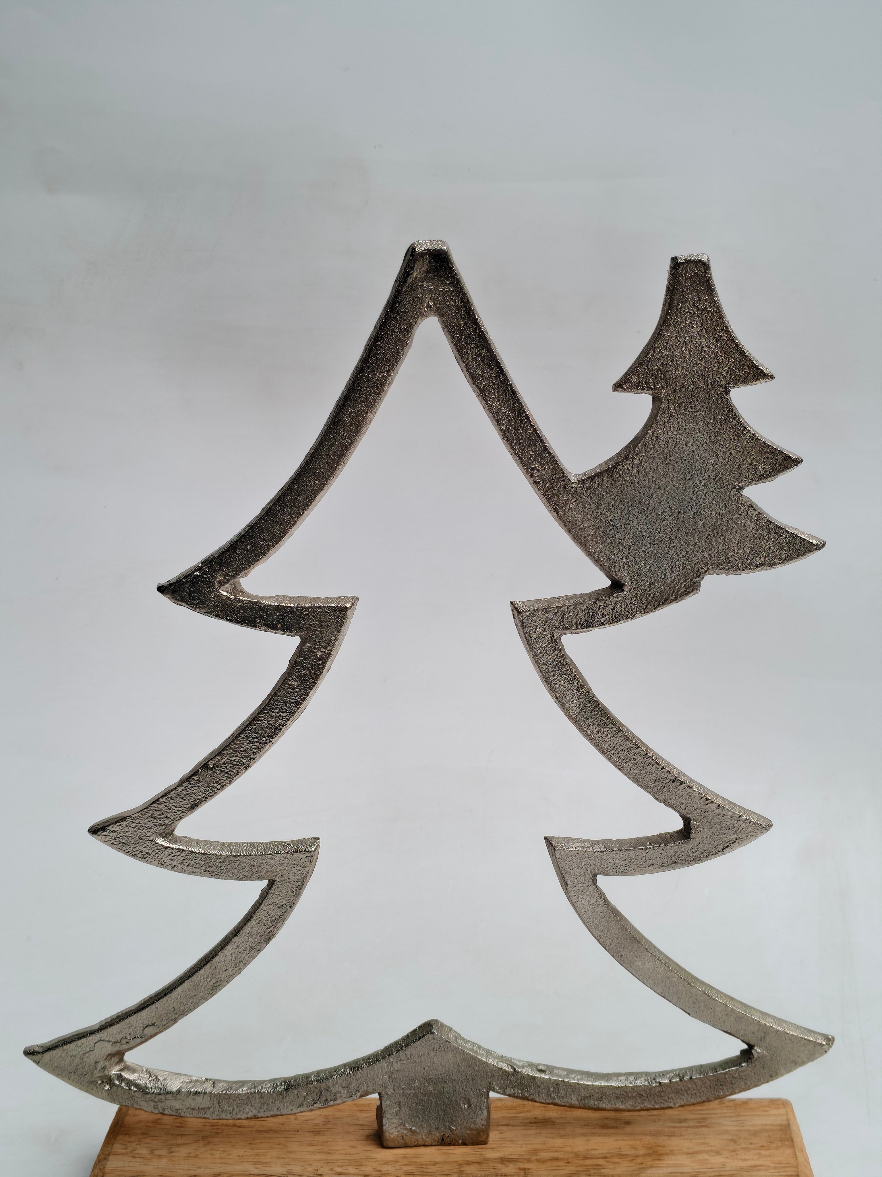 Silver Metal Christmas Tree with Wooden Base | Elegant Festive Accent Decor