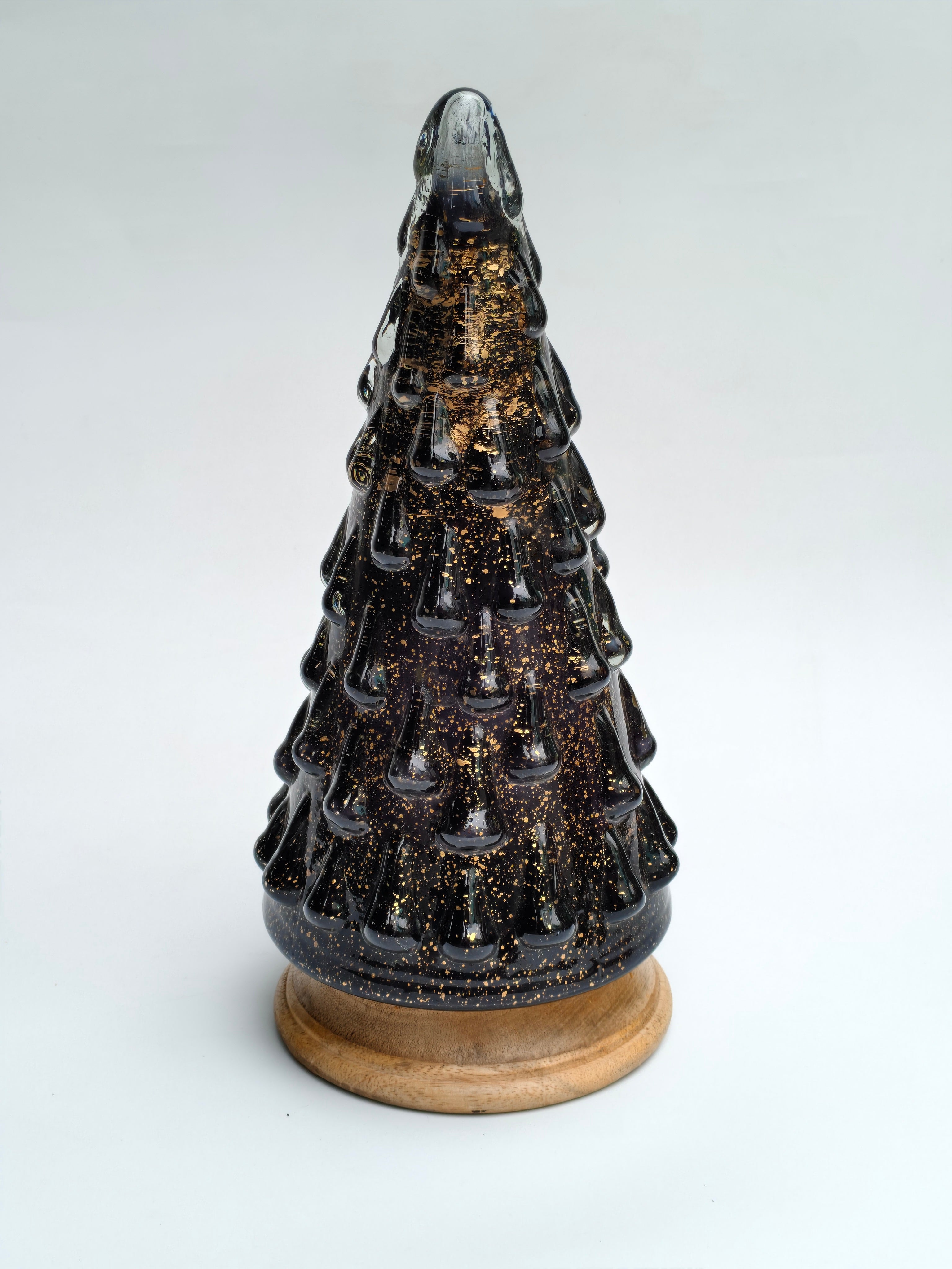 Midnight Gold Glass Christmas Tree with Wooden Base | Elegant Festive Decor