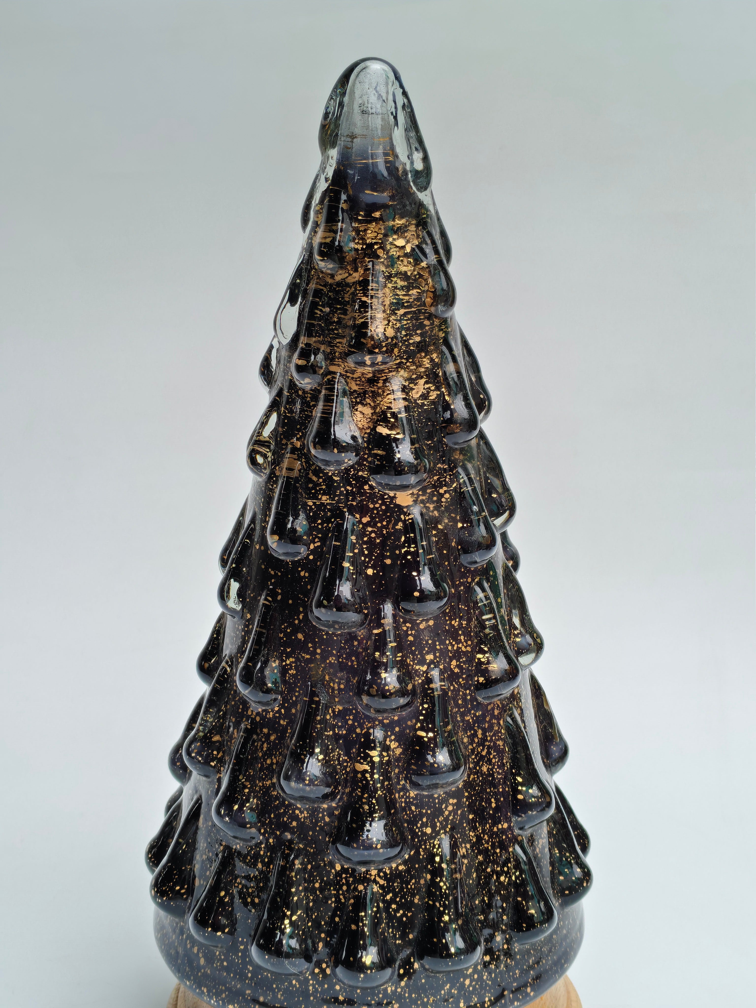Midnight Gold Glass Christmas Tree with Wooden Base | Elegant Festive Decor
