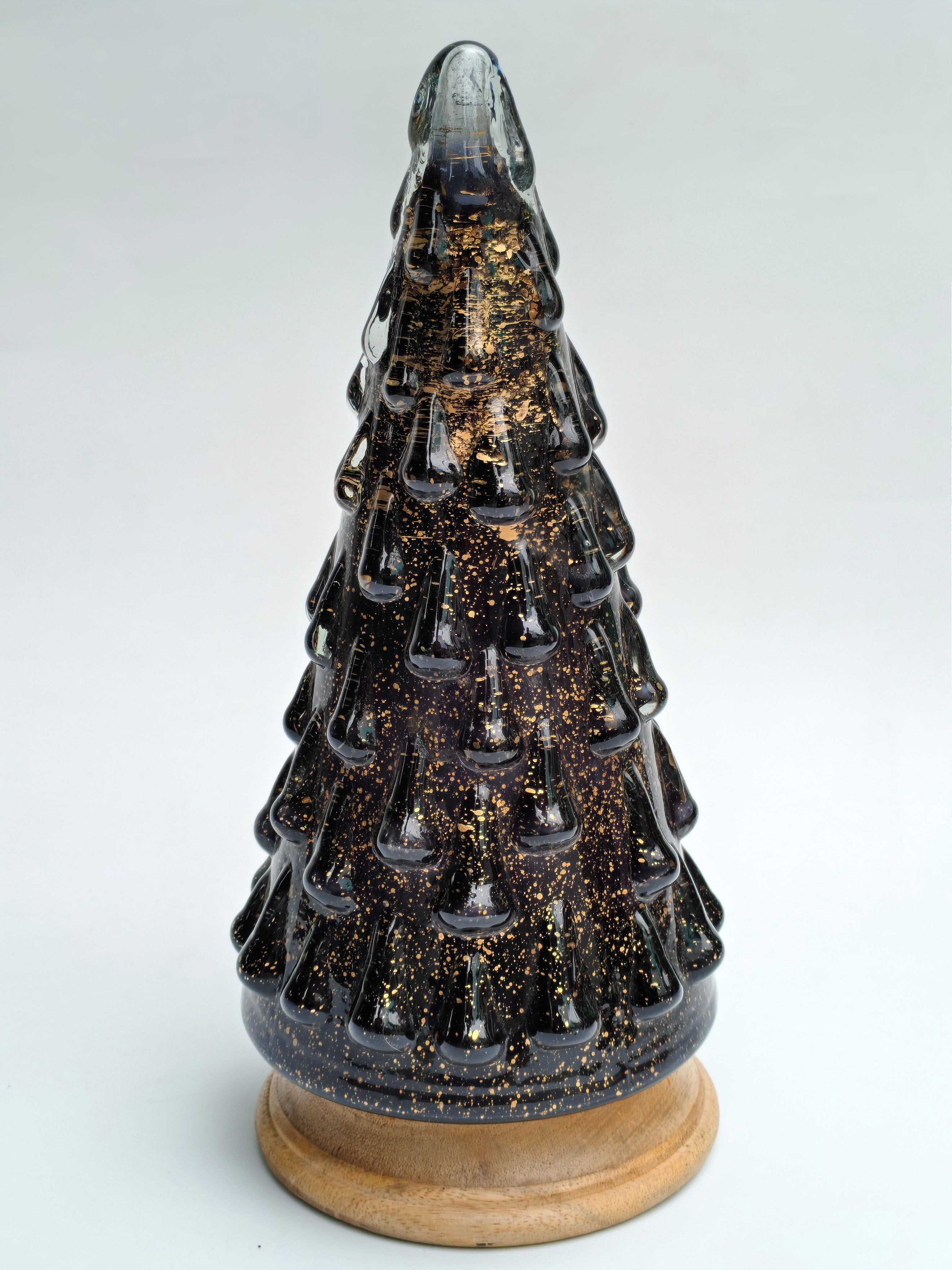 Midnight Gold Glass Christmas Tree with Wooden Base | Elegant Festive Decor