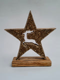 Golden Beaded Star with Reindeer Design on Wooden Base