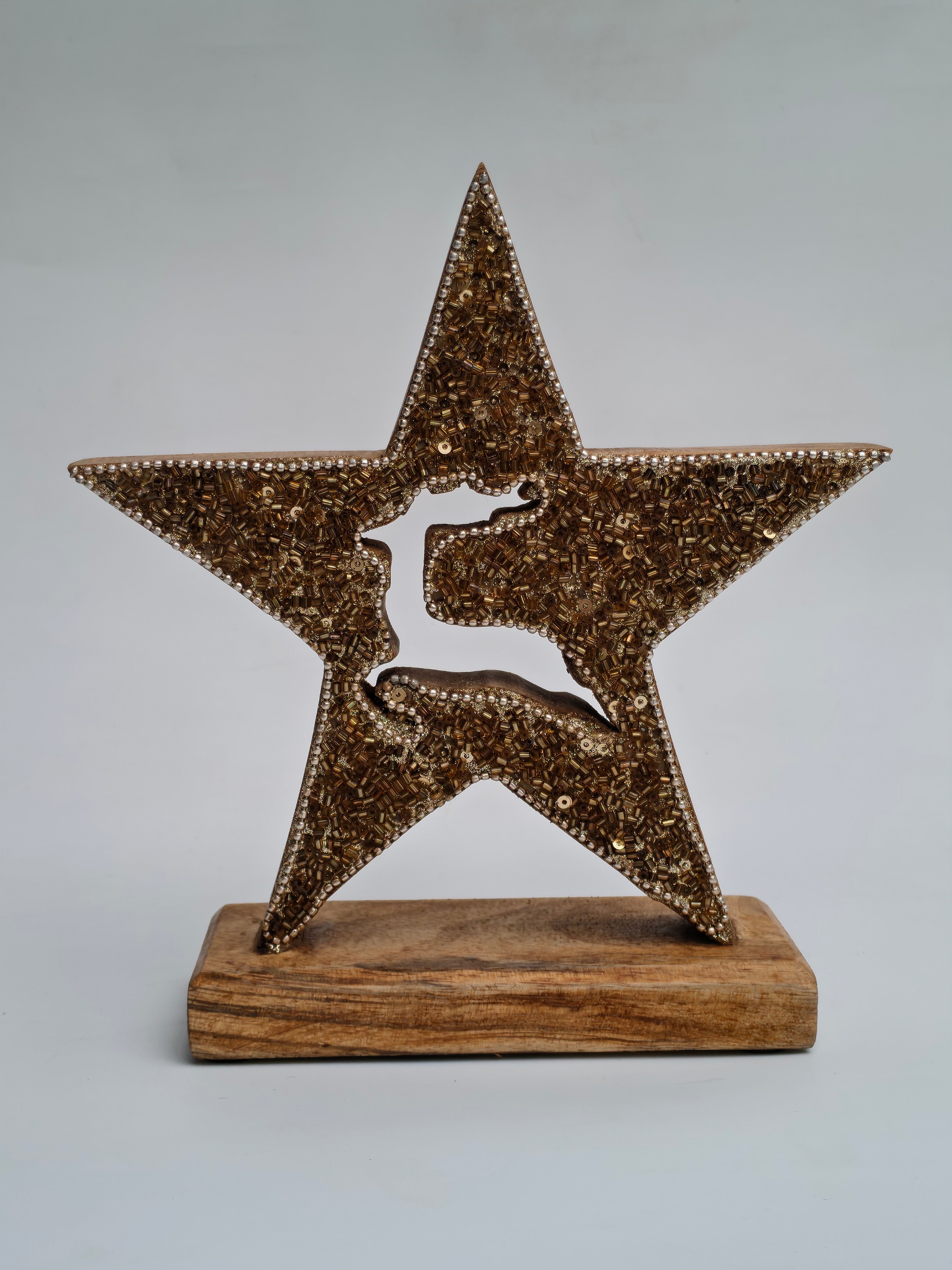 Golden Beaded Star with Reindeer Design on Wooden Base