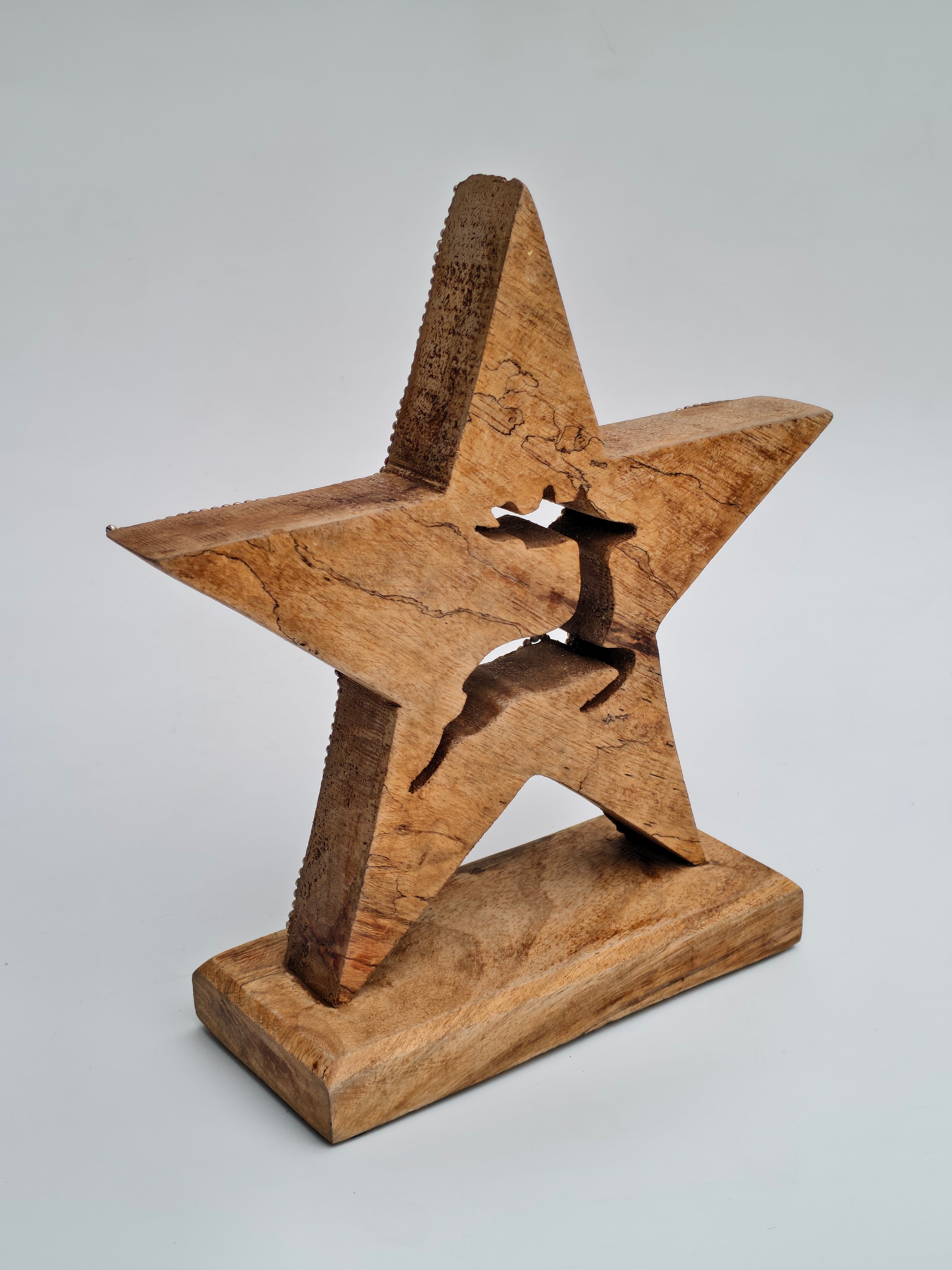 Golden Beaded Star with Reindeer Design on Wooden Base