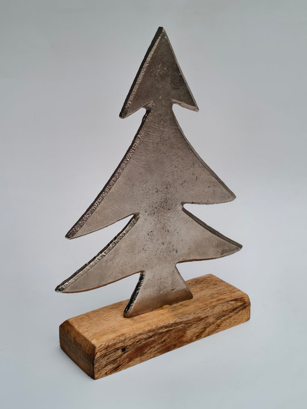 Metal Christmas Tree Sculpture with Wooden Base