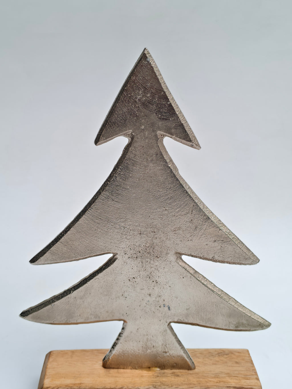 Metal Christmas Tree Sculpture with Wooden Base