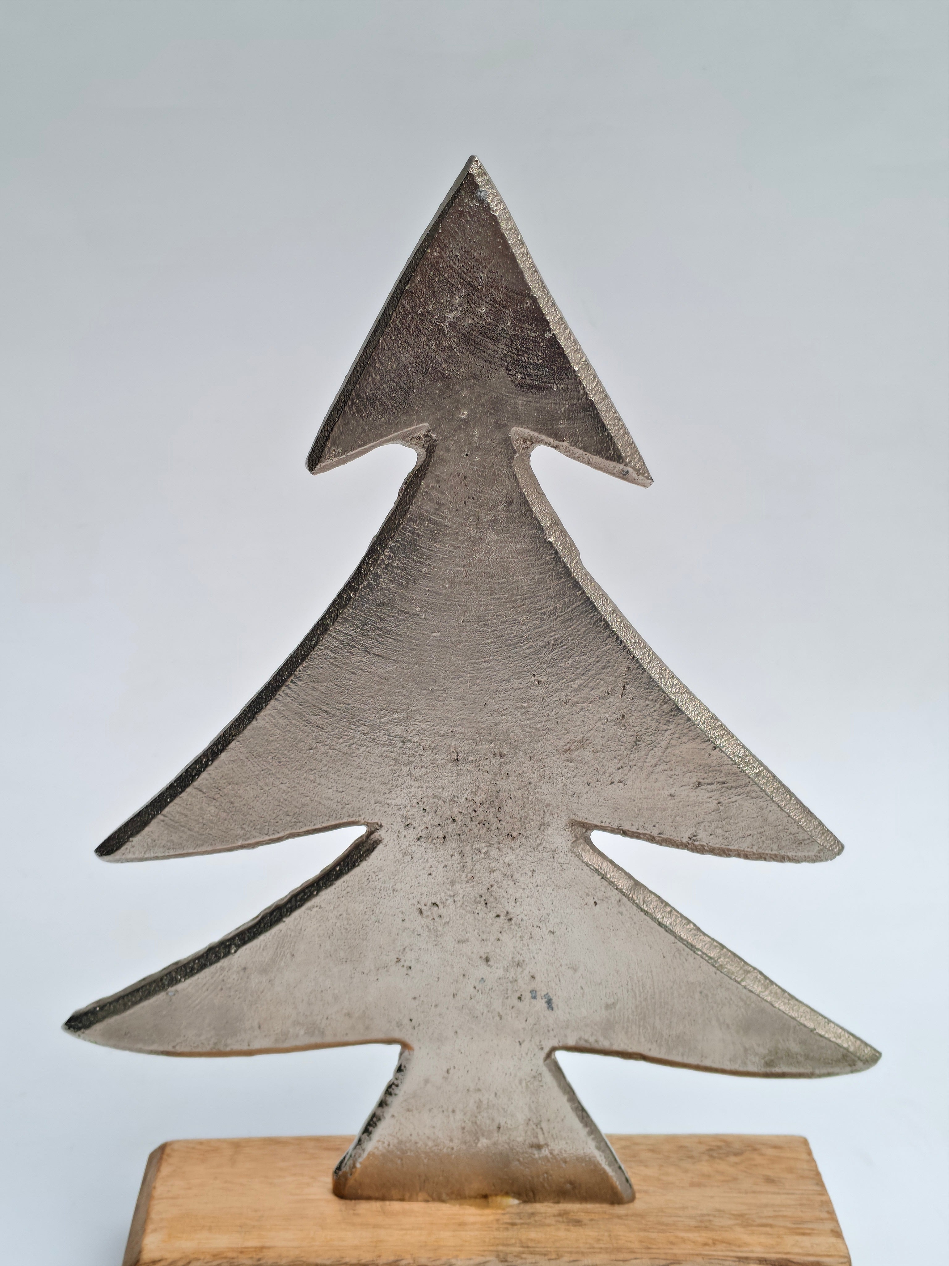 Metal Christmas Tree Sculpture with Wooden Base