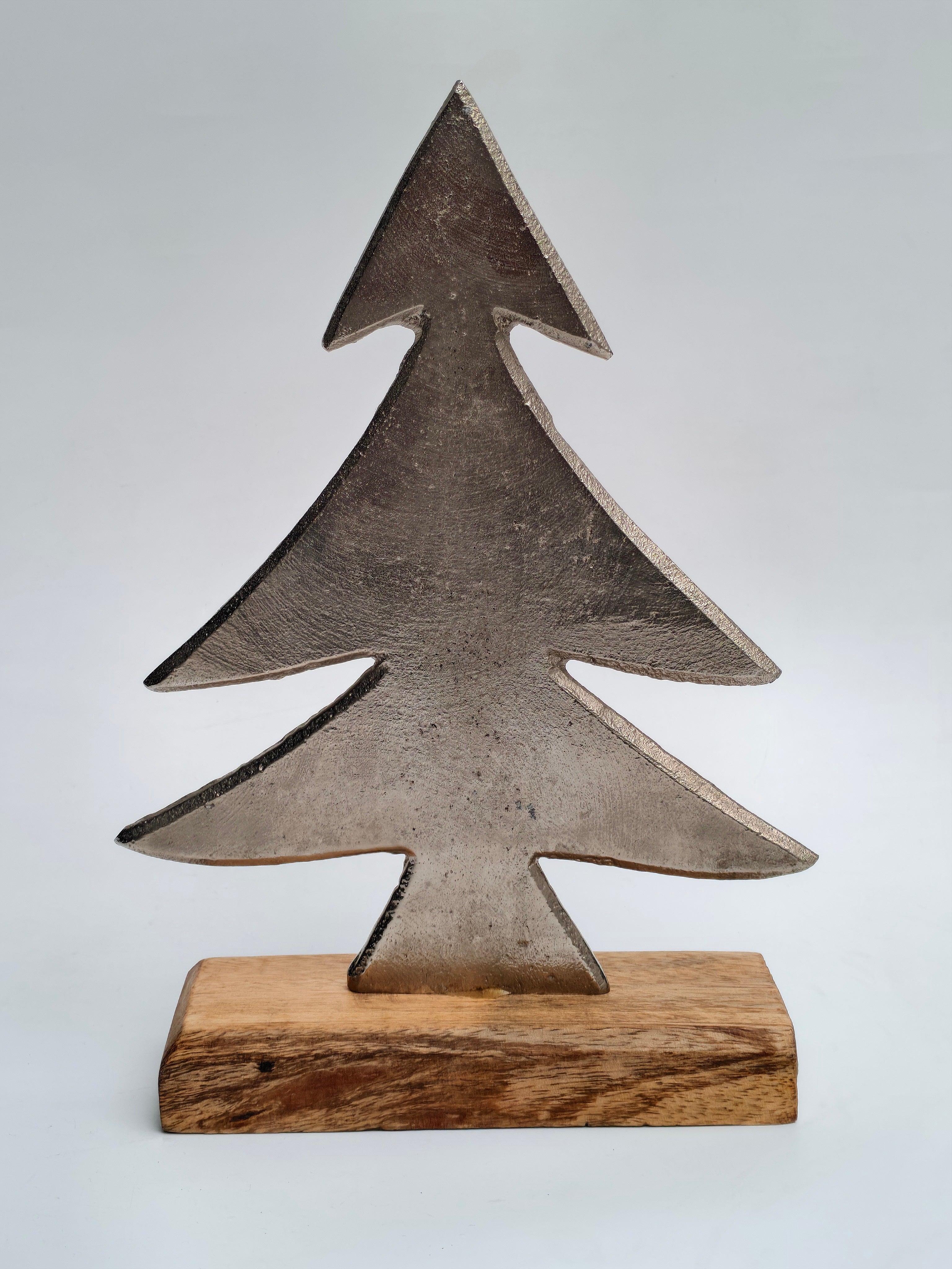 Metal Christmas Tree Sculpture with Wooden Base