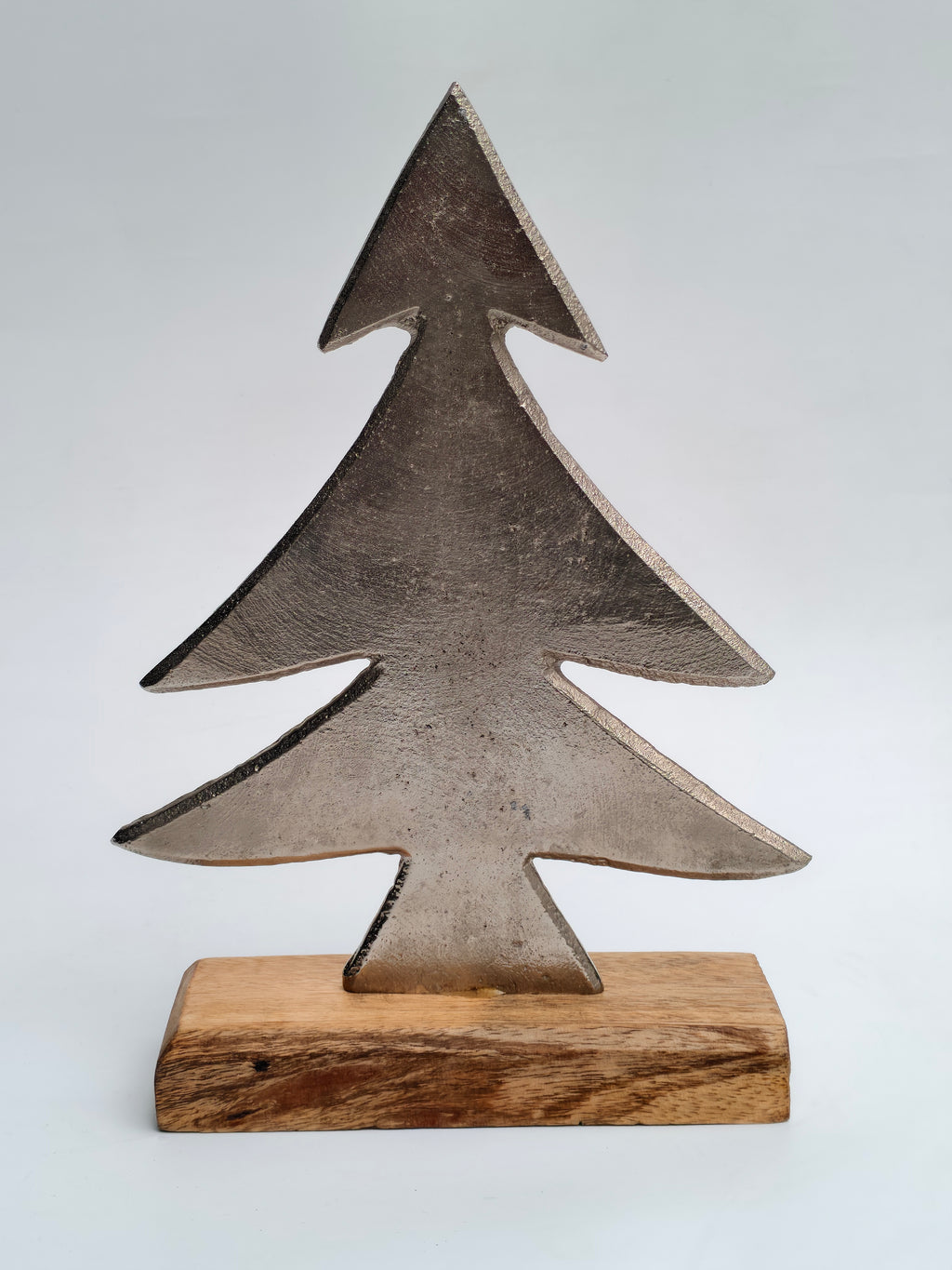 Metal Christmas Tree Sculpture with Wooden Base