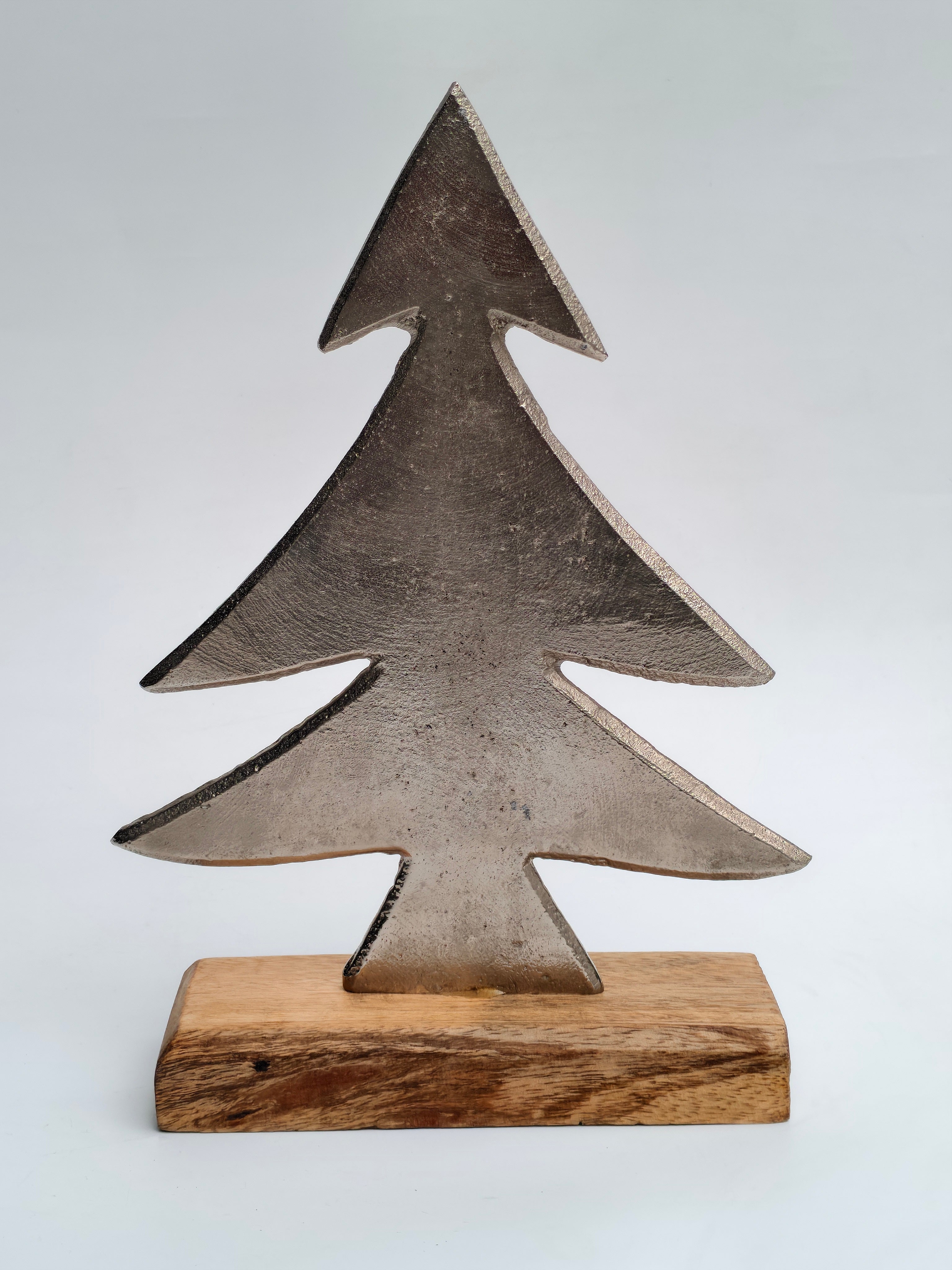 Metal Christmas Tree Sculpture with Wooden Base