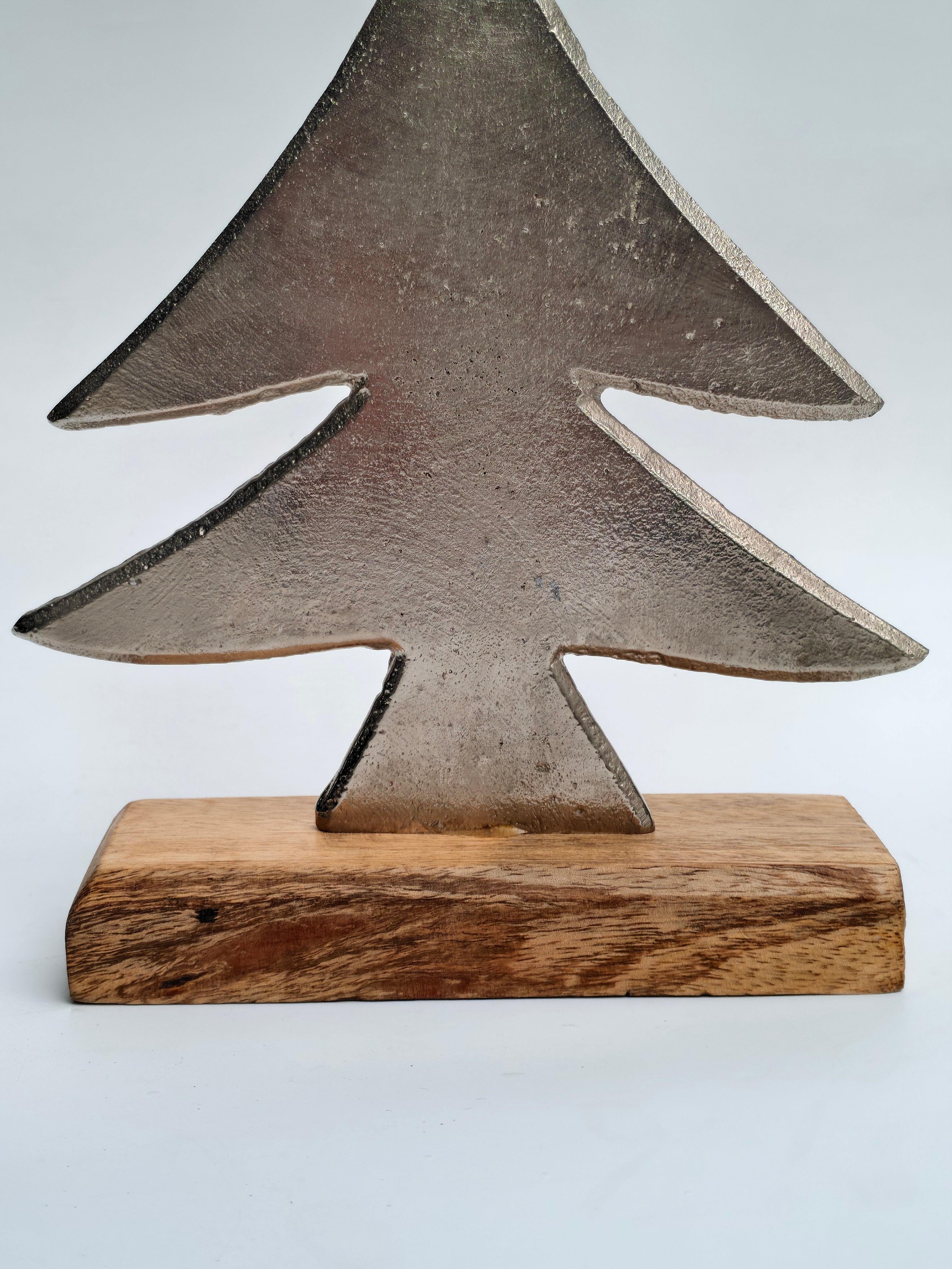 Metal Christmas Tree Sculpture with Wooden Base