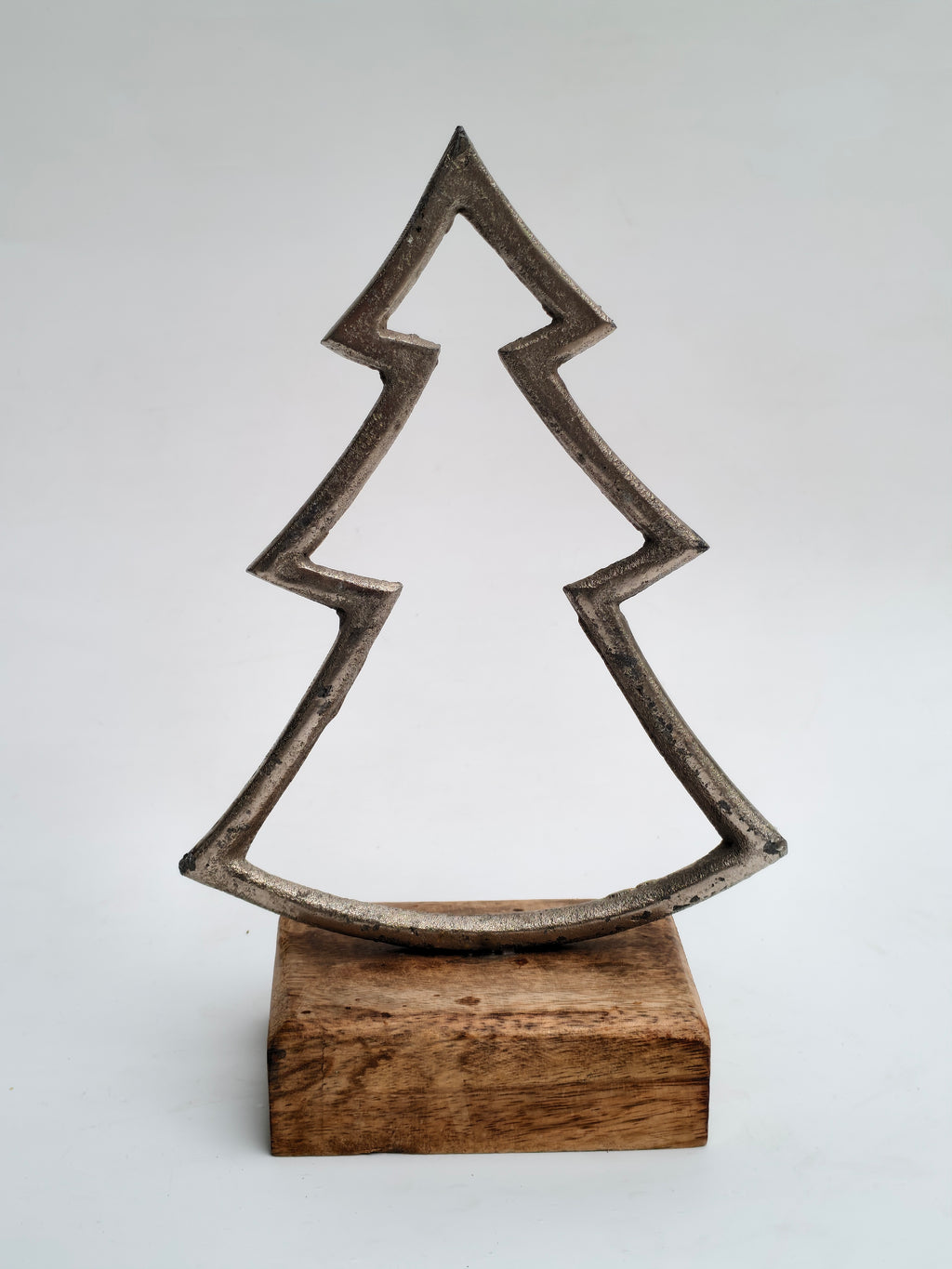 Minimalist Metal Christmas Tree Sculpture with Wooden Base