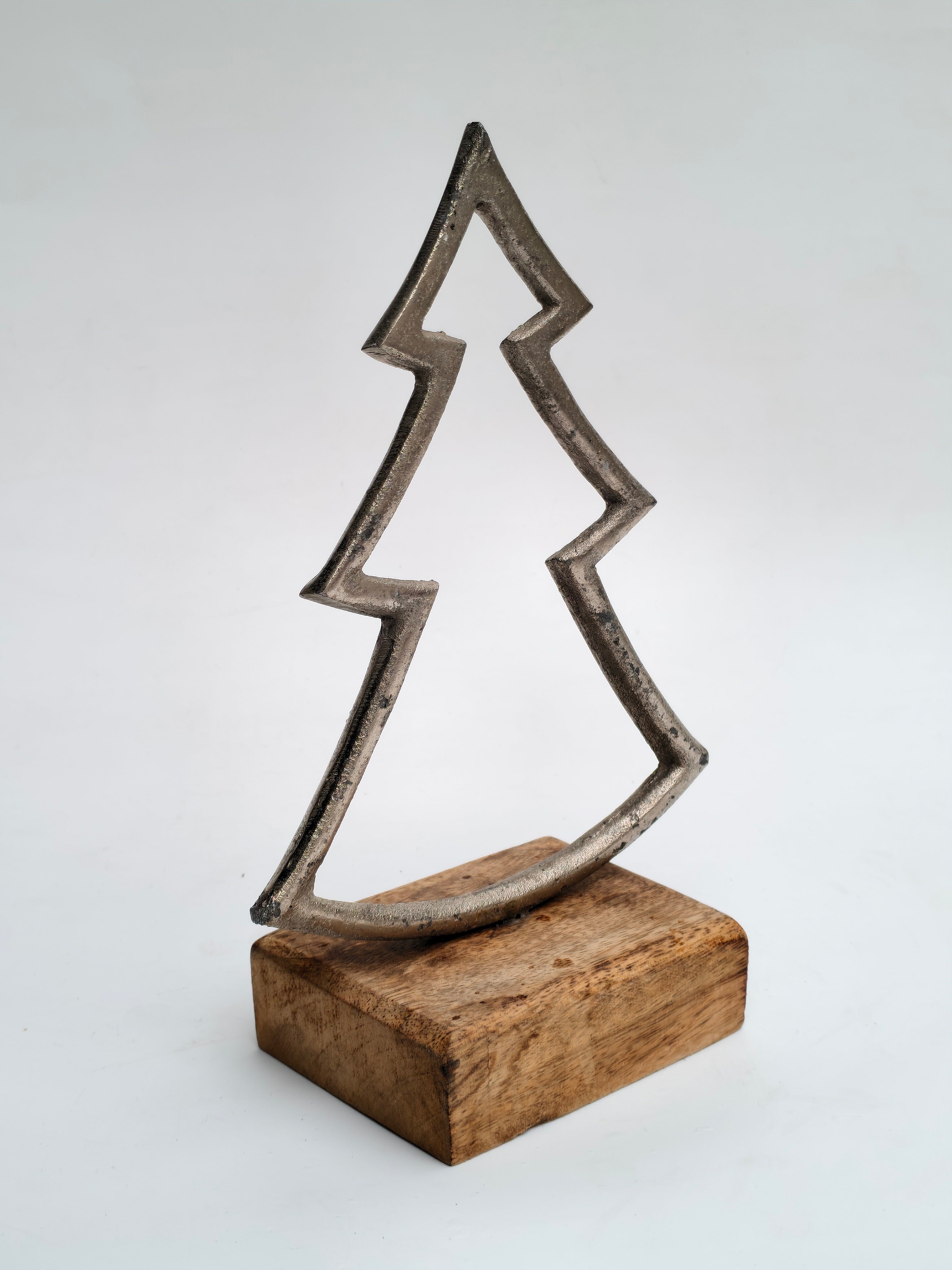 Minimalist Metal Christmas Tree Sculpture with Wooden Base
