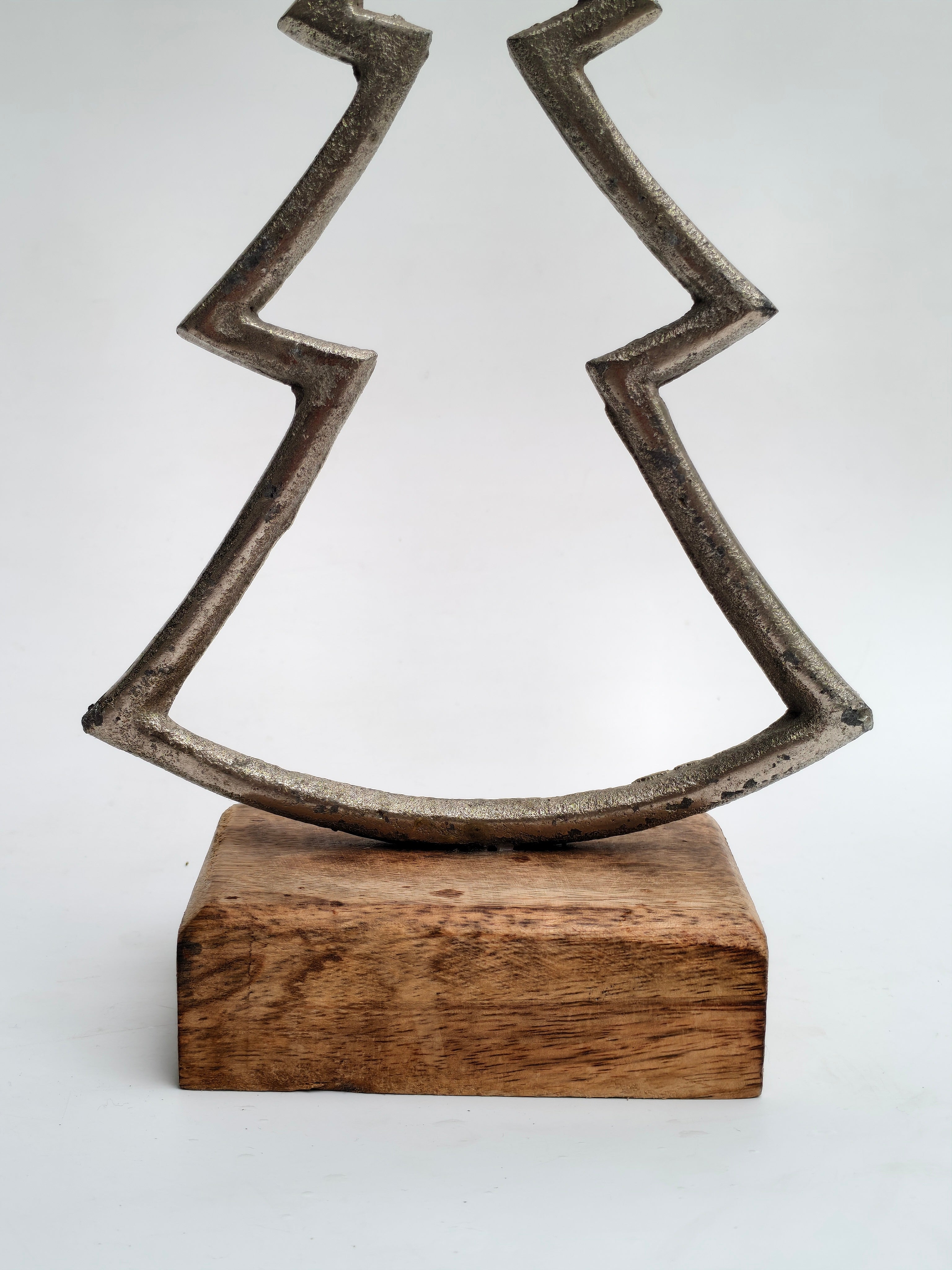 Minimalist Metal Christmas Tree Sculpture with Wooden Base