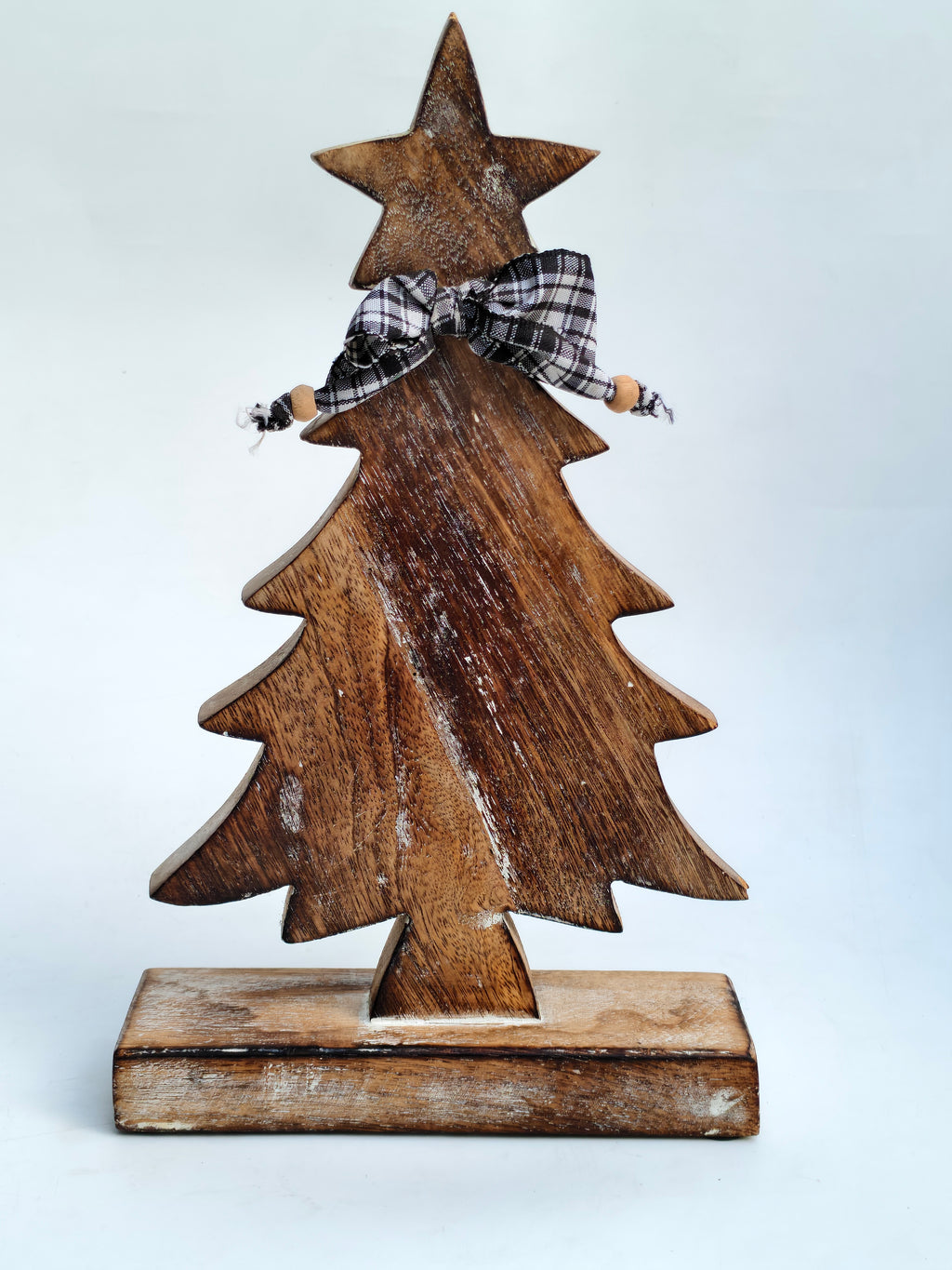 Handcrafted Wooden Christmas Tree Decor with Plaid Bow – Rustic Holiday Accent