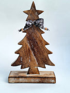 Handcrafted Wooden Christmas Tree Decor with Plaid Bow – Rustic Holiday Accent