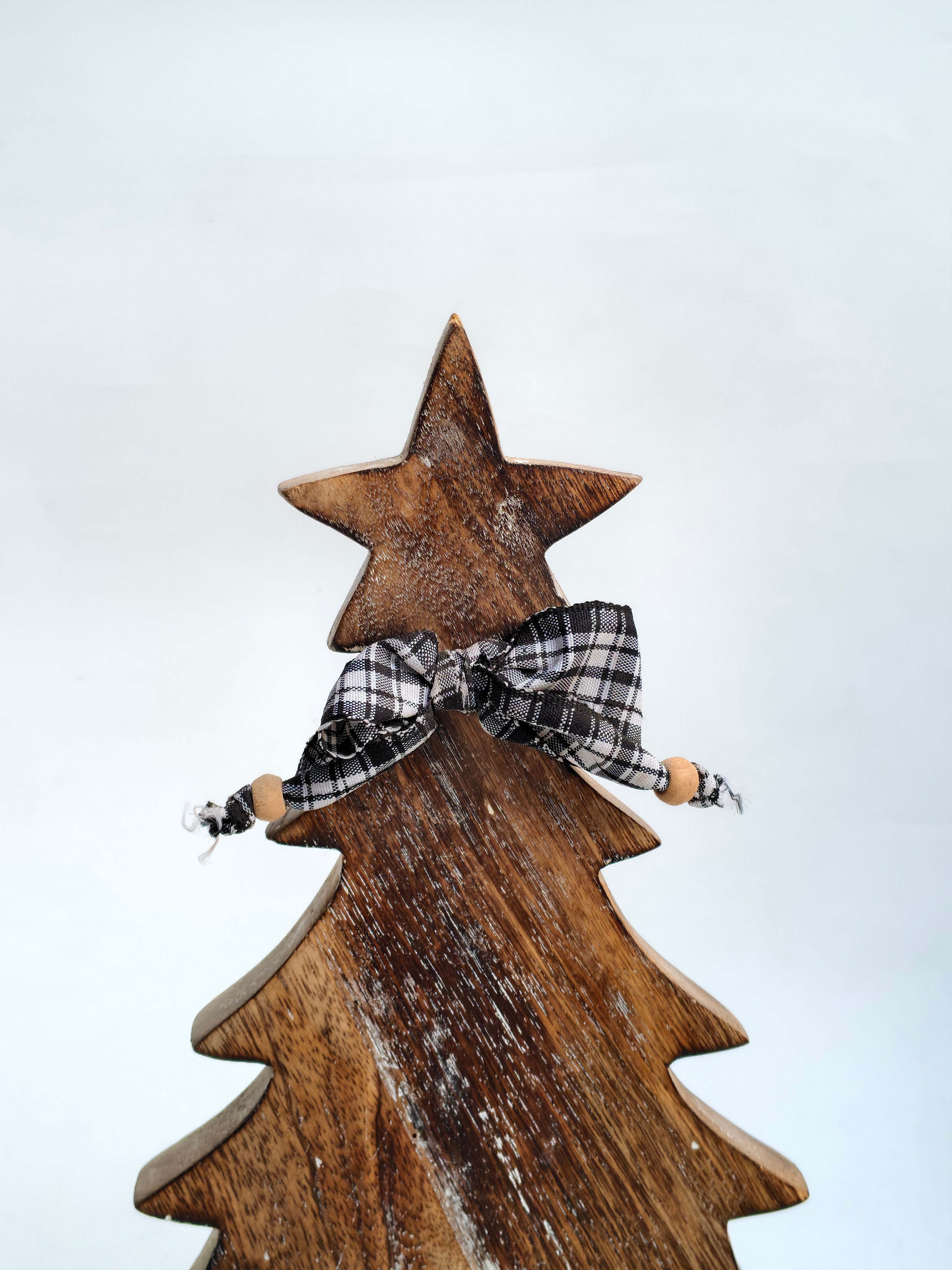 Handcrafted Wooden Christmas Tree Decor with Plaid Bow – Rustic Holiday Accent