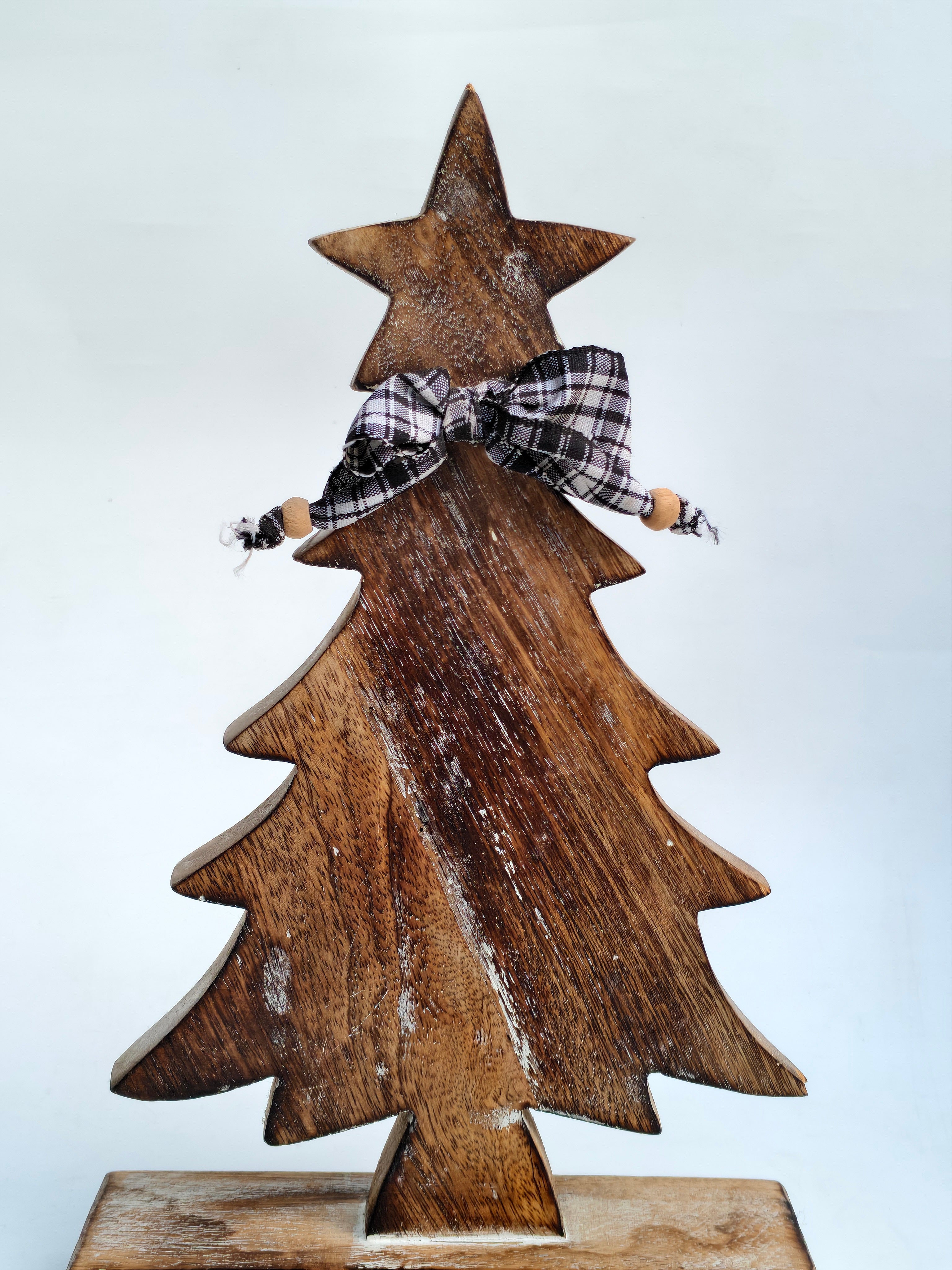 Handcrafted Wooden Christmas Tree Decor with Plaid Bow – Rustic Holiday Accent