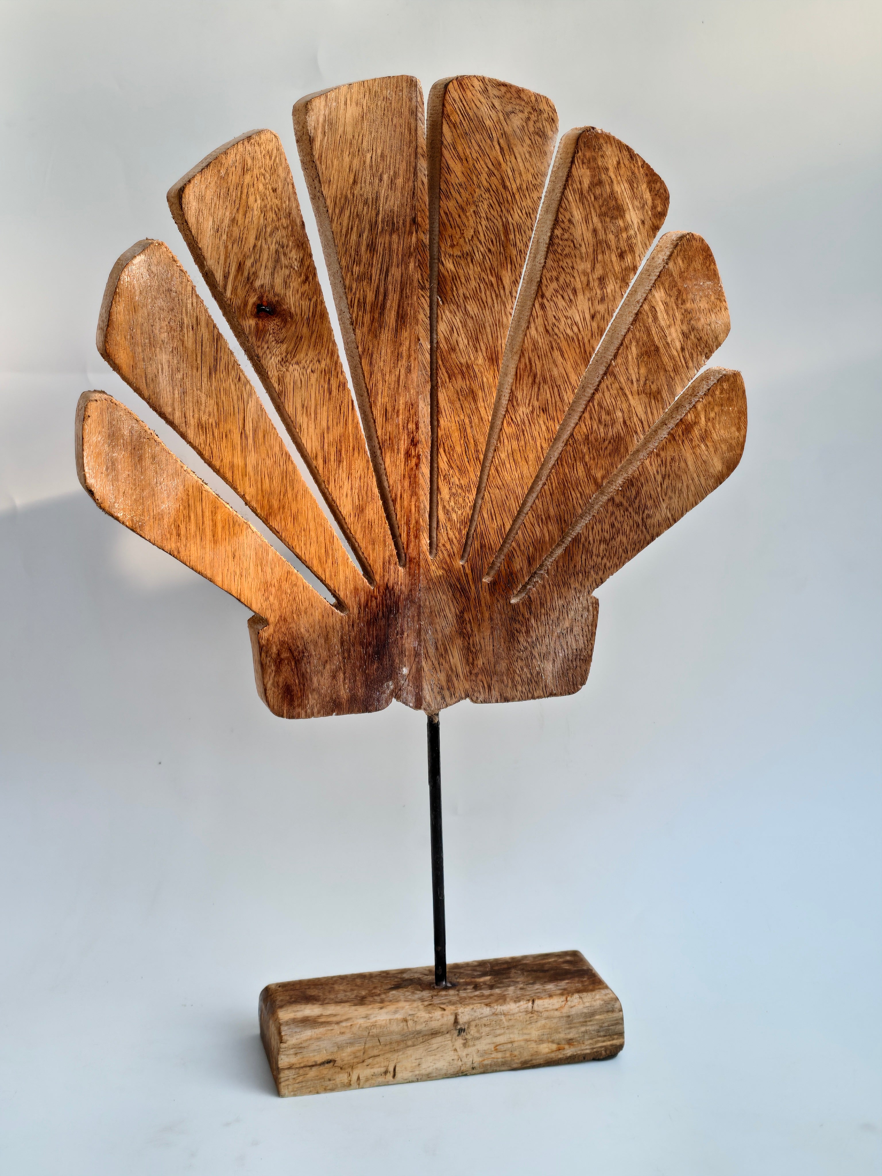 Handcrafted Wooden Shell Sculpture on Stand | Natural Coastal Décor Accent