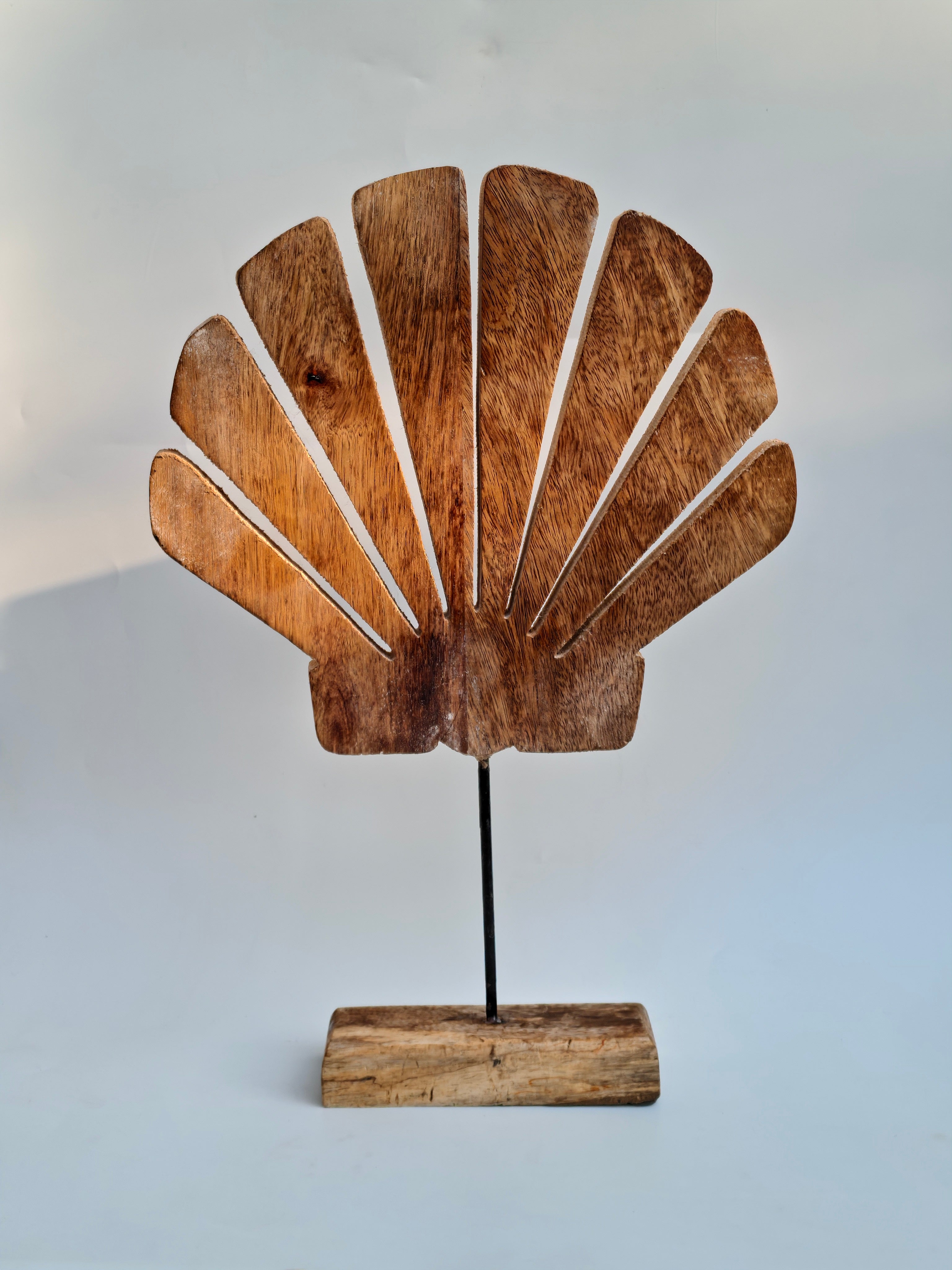 Handcrafted Wooden Shell Sculpture on Stand | Natural Coastal Décor Accent
