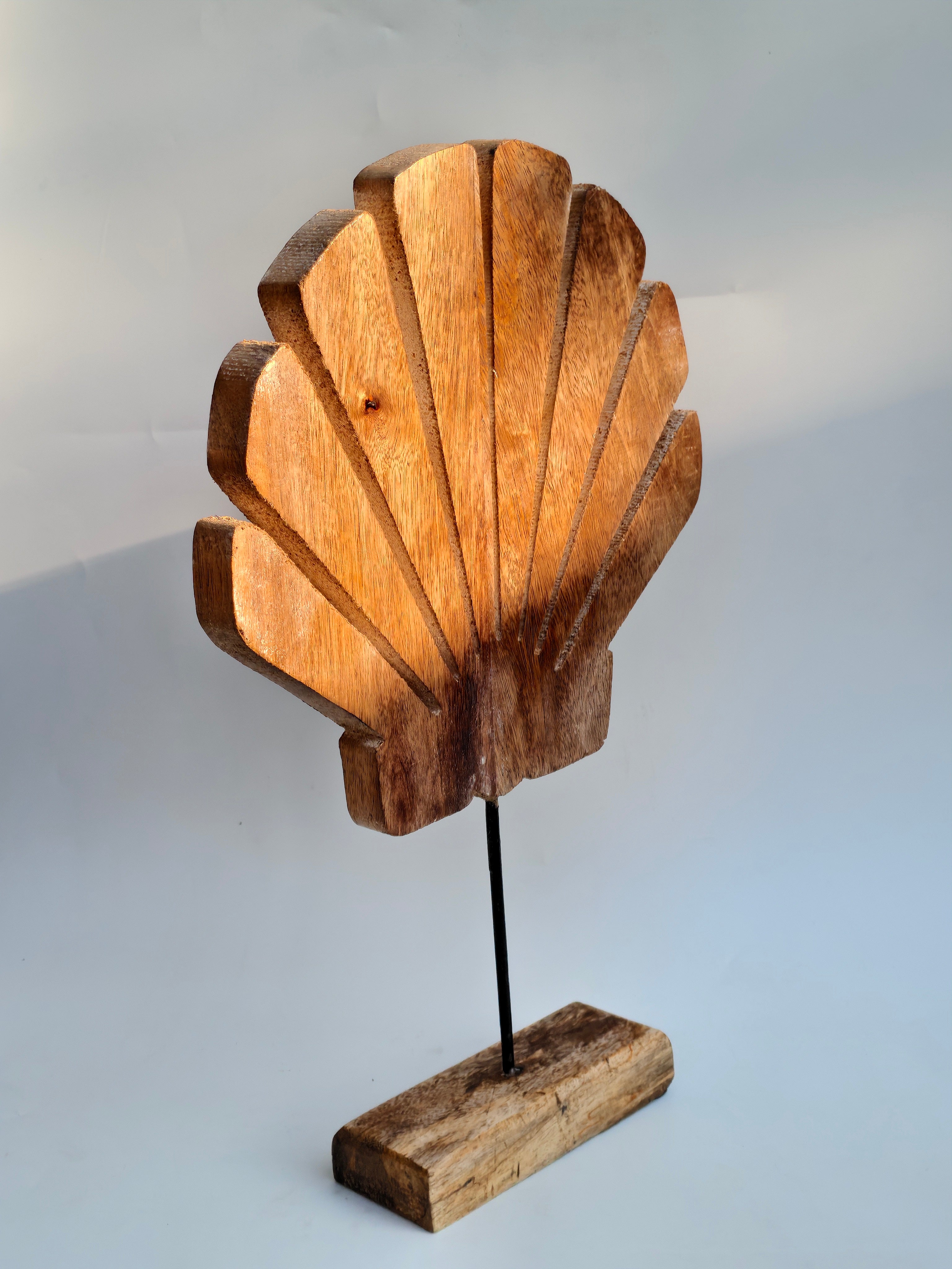 Handcrafted Wooden Shell Sculpture on Stand | Natural Coastal Décor Accent