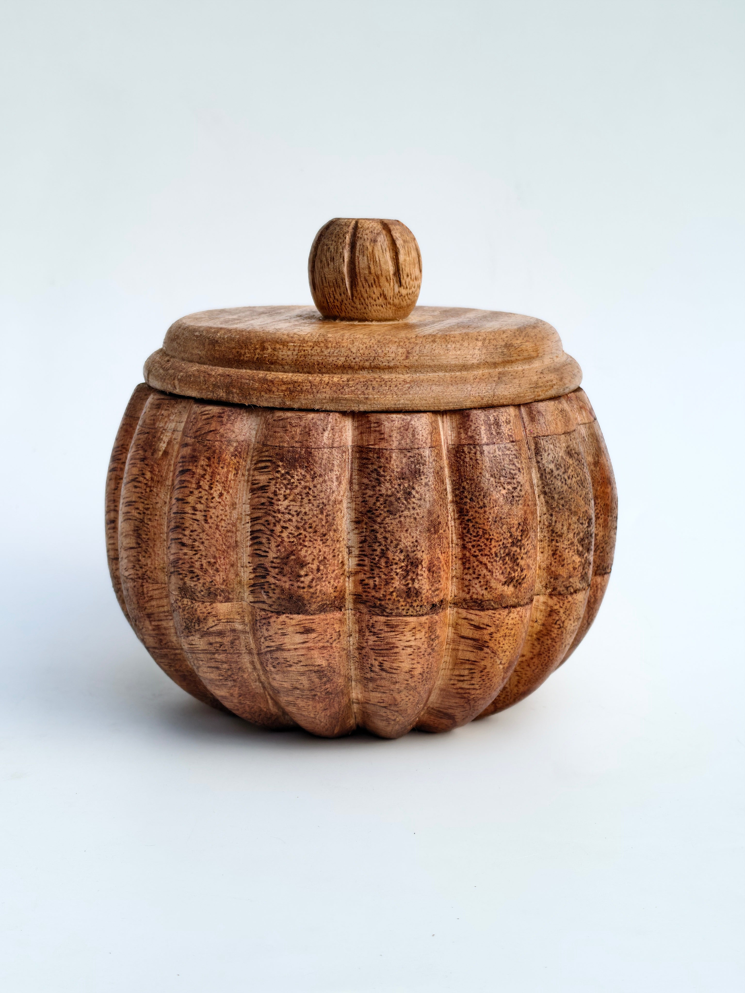 Handcrafted Ribbed Wooden Storage Box with Lid | Natural Rustic Organizer