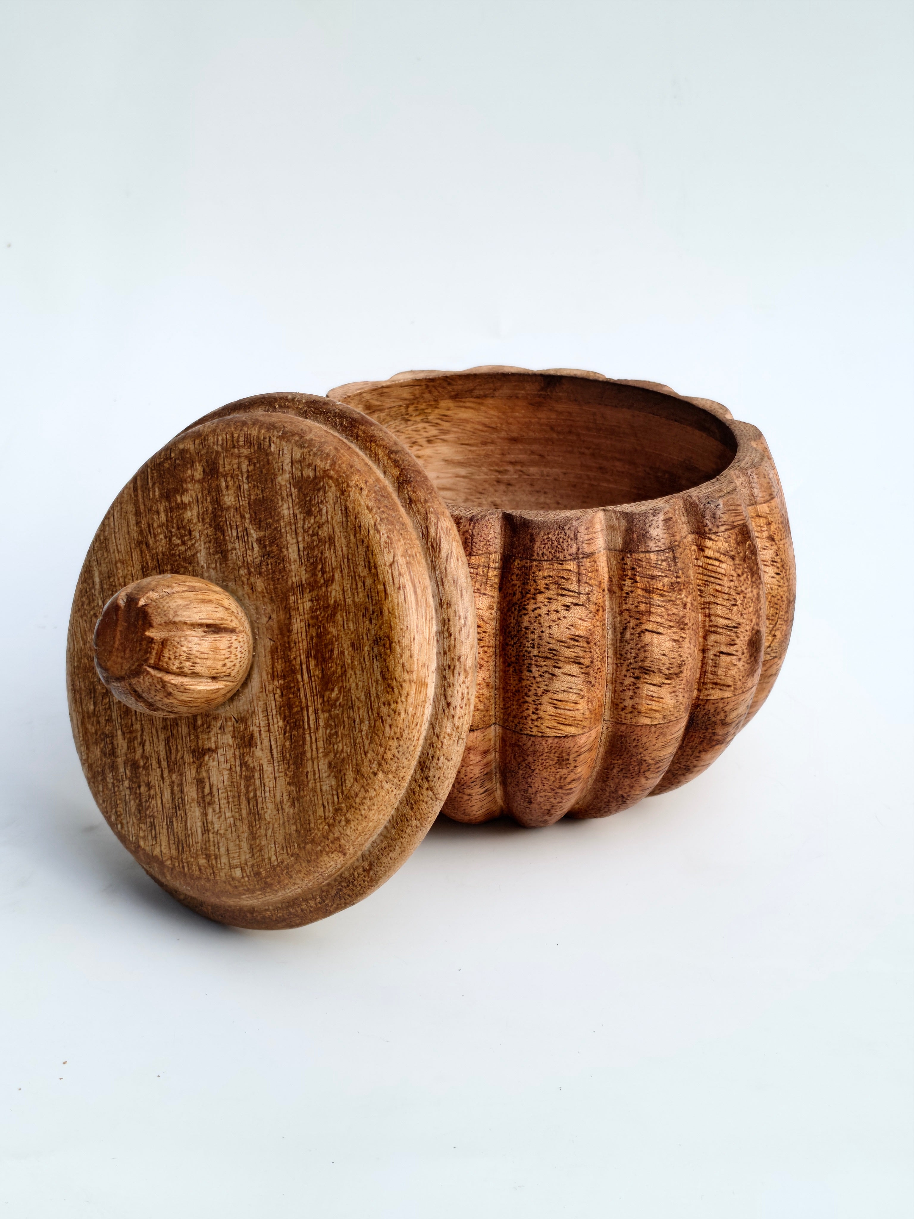 Handcrafted Ribbed Wooden Storage Box with Lid | Natural Rustic Organizer