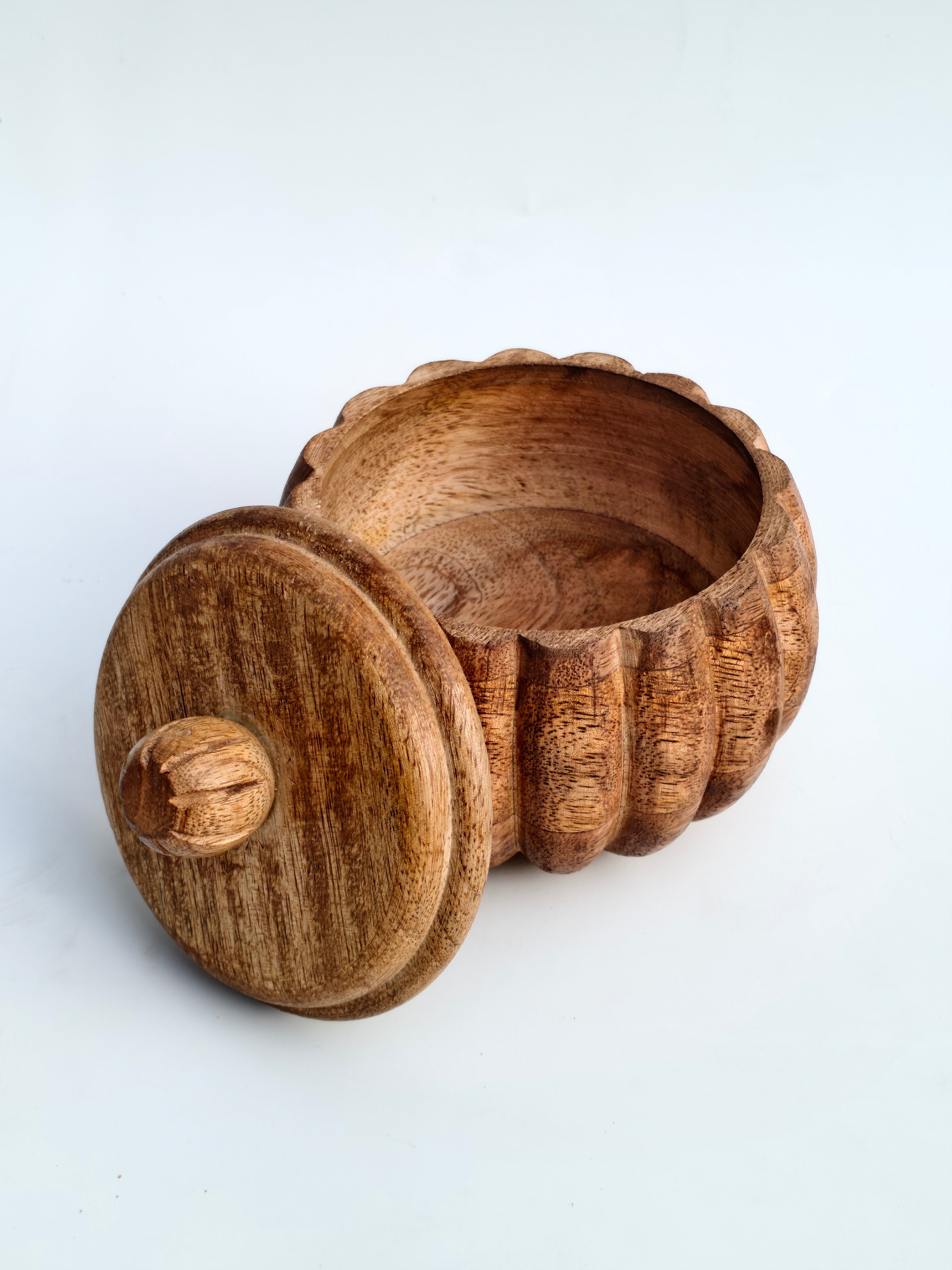 Handcrafted Ribbed Wooden Storage Box with Lid | Natural Rustic Organizer