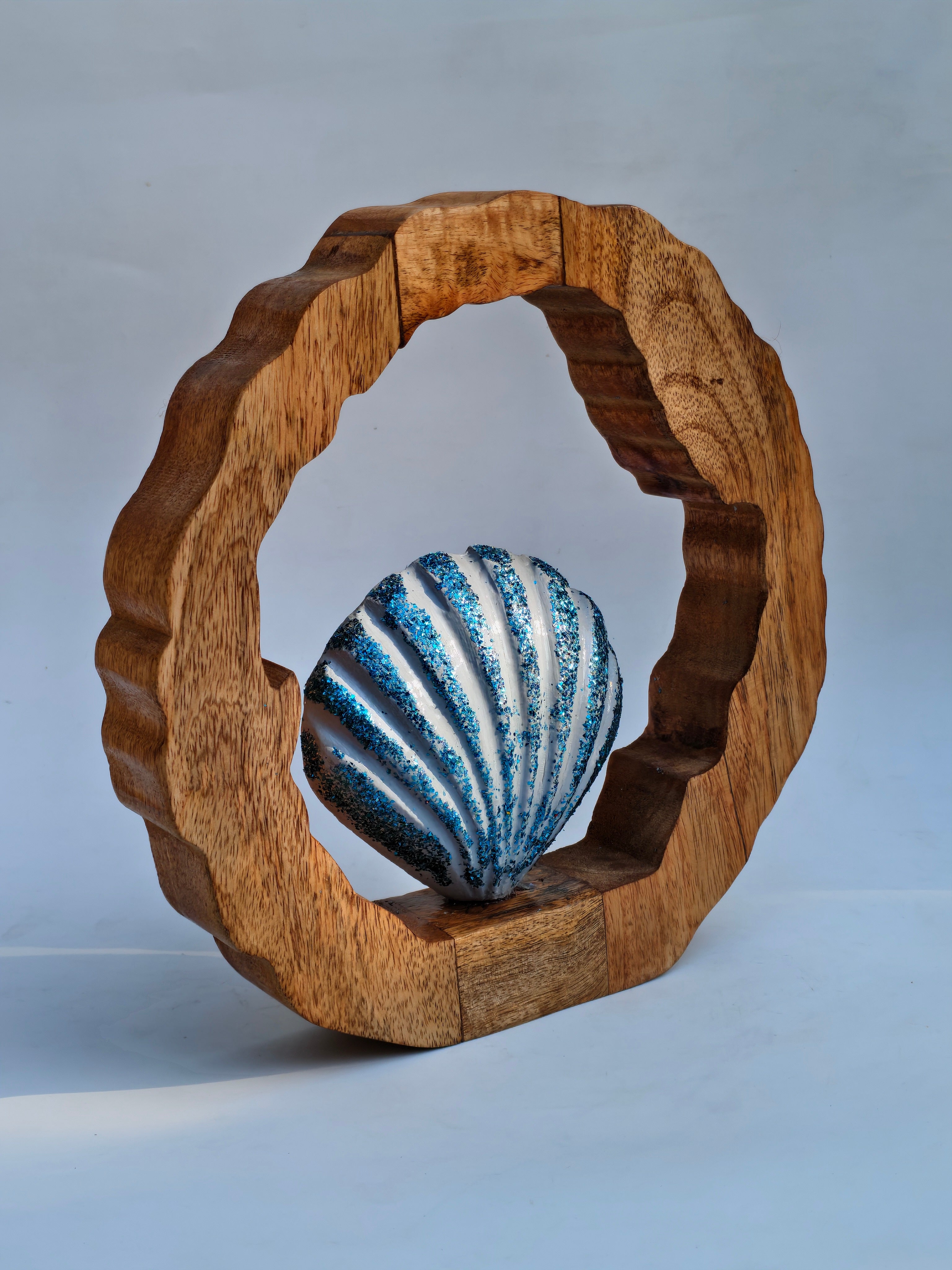 Handcrafted Wooden Ring Table Décor & Wall Hanging with Metal Sea Shell