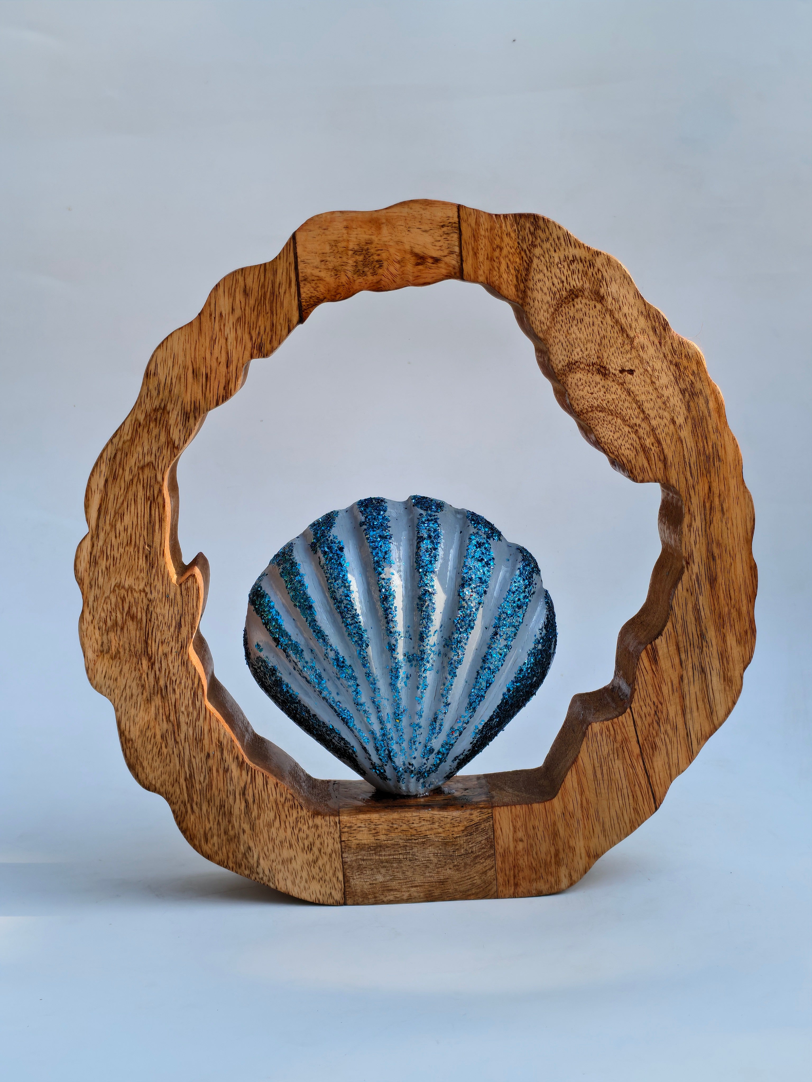 Handcrafted Wooden Ring Table Décor & Wall Hanging with Metal Sea Shell
