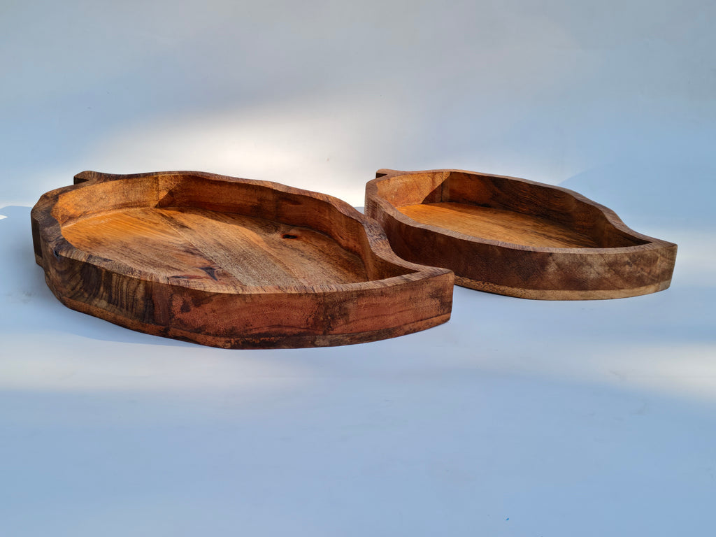 Handcrafted Wooden Leaf Serving Bowl Set (Set of 2) | Natural Wood Decorative Snack & Fruit Platters