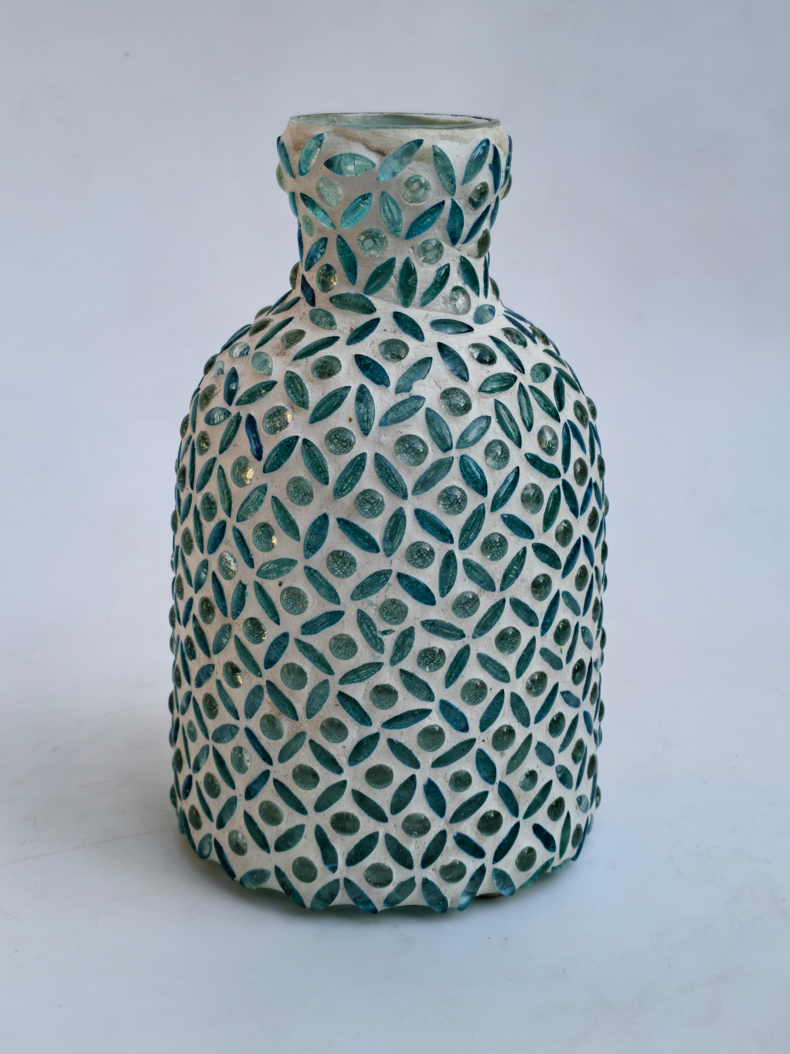 Handcrafted Mosaic Glass Vase – White & Teal Decorative Accent