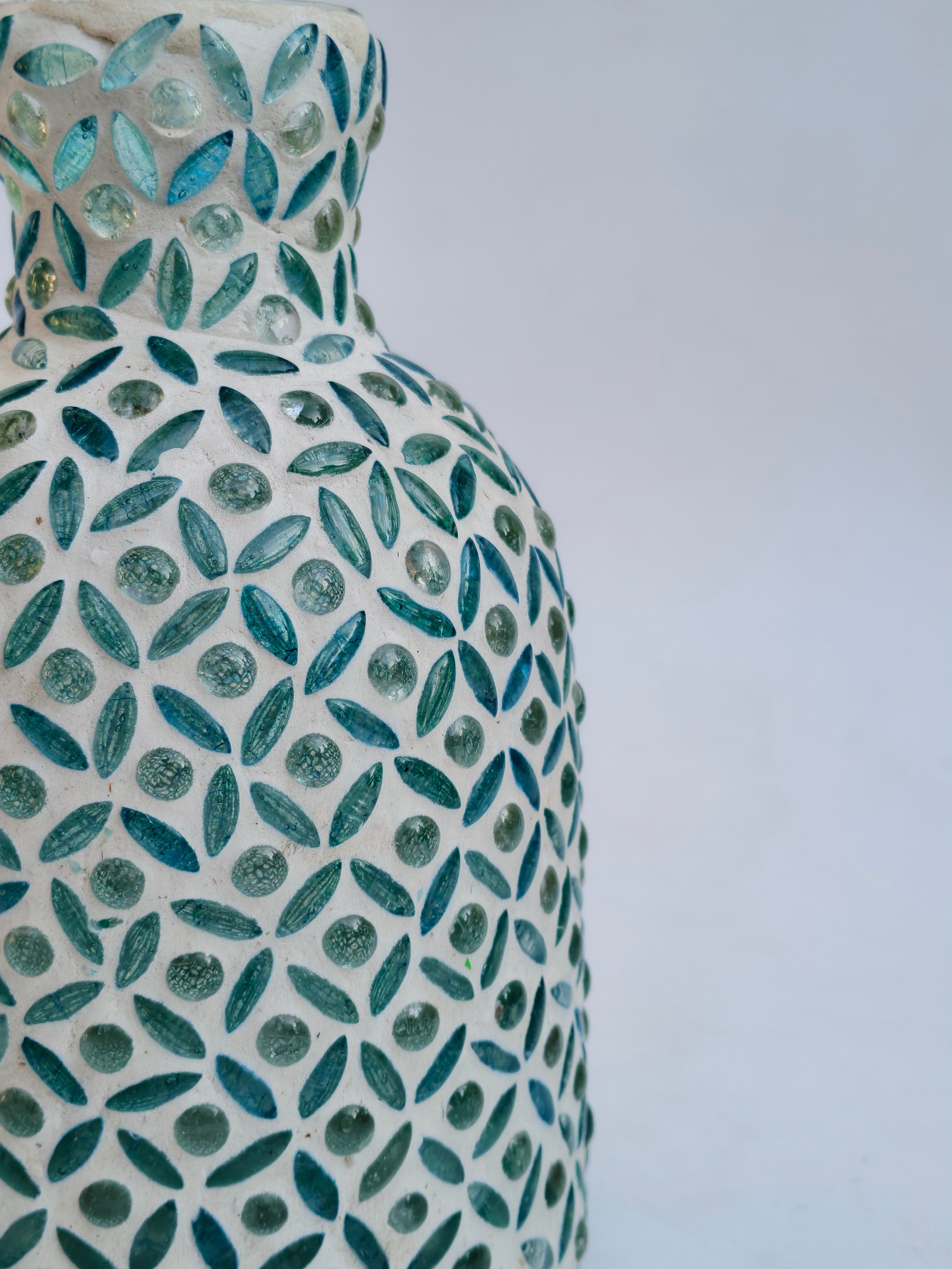 Handcrafted Mosaic Glass Vase – White & Teal Decorative Accent