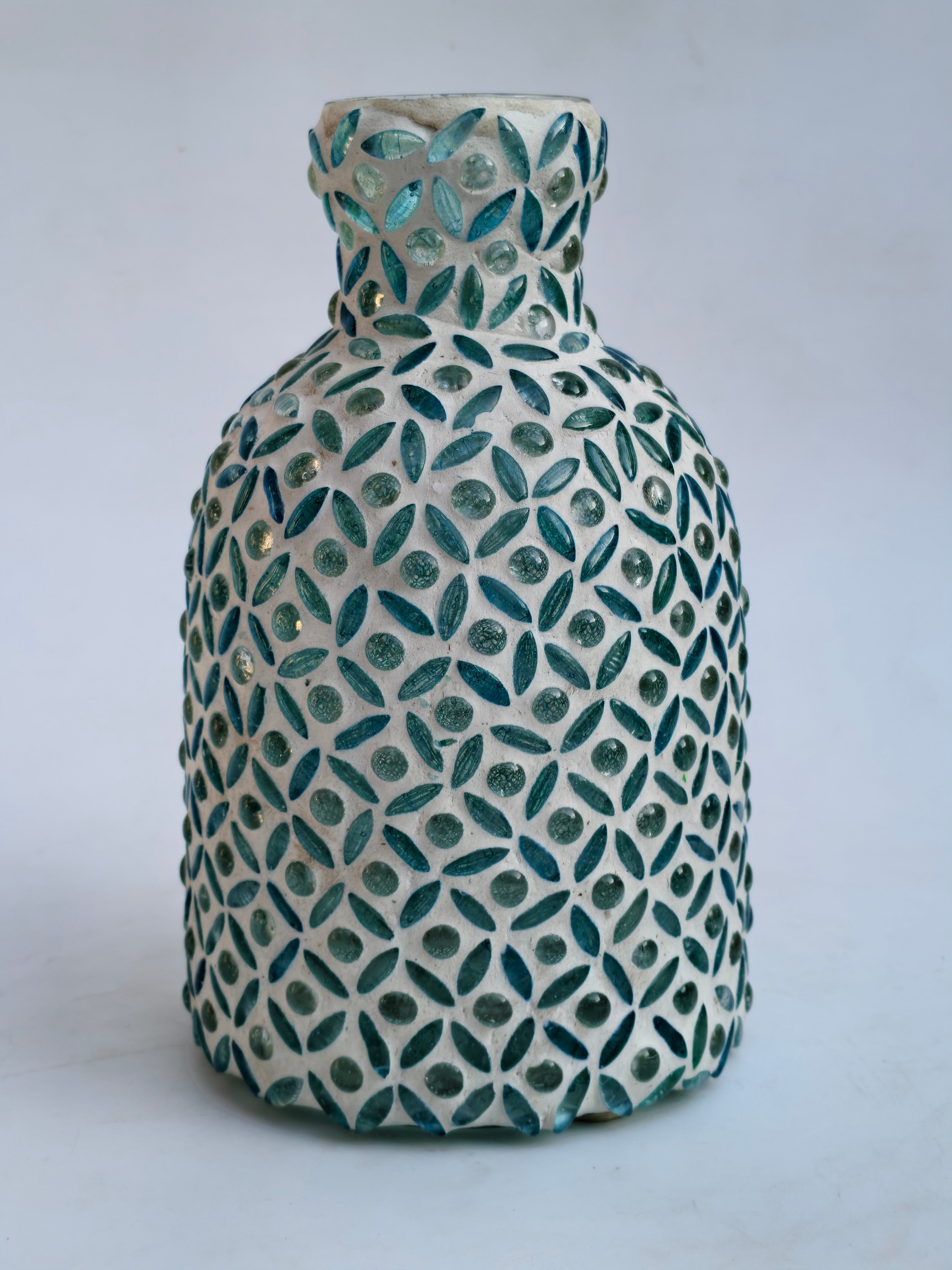 Handcrafted Mosaic Glass Vase – White & Teal Decorative Accent