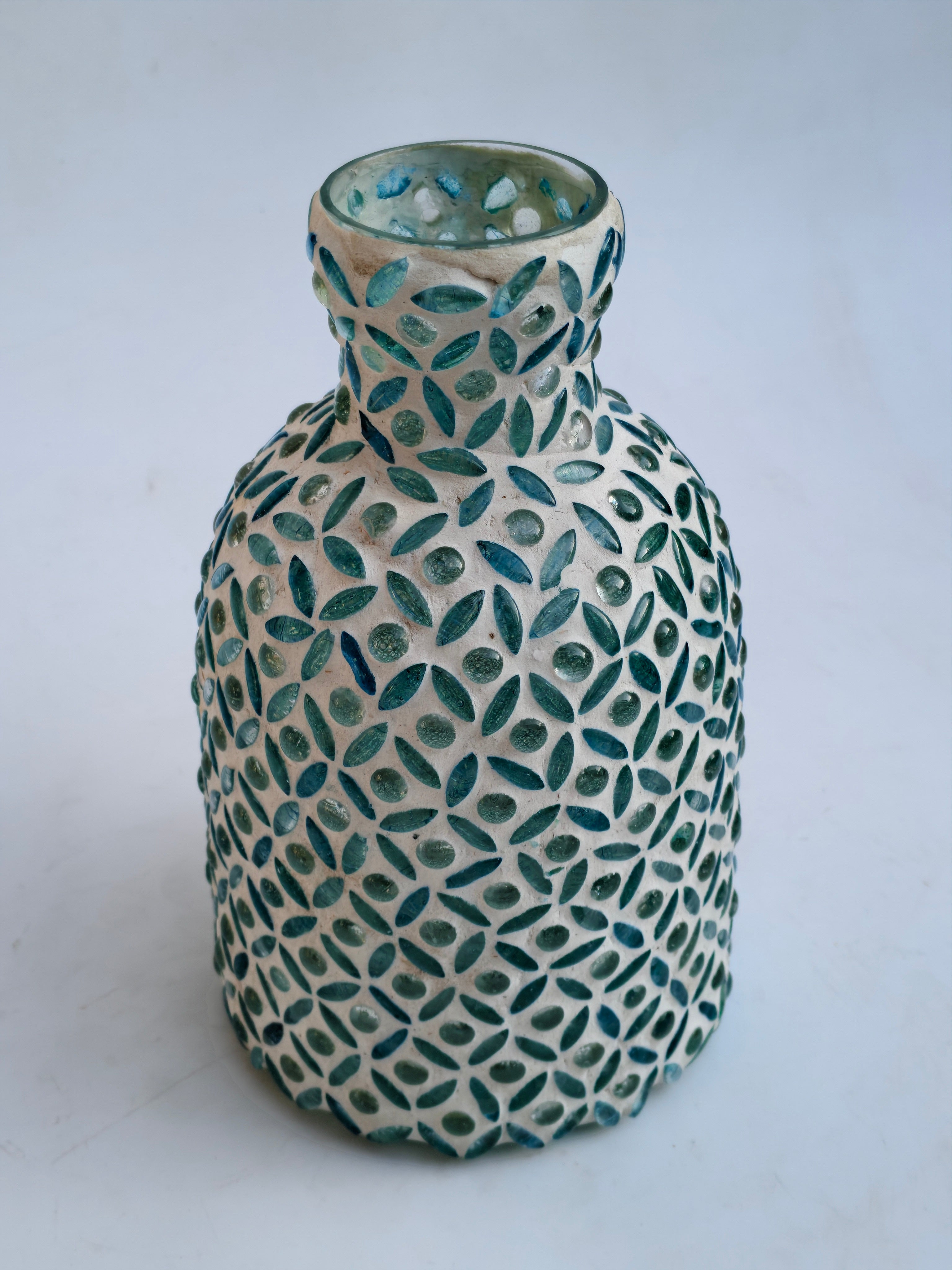 Handcrafted Mosaic Glass Vase – White & Teal Decorative Accent