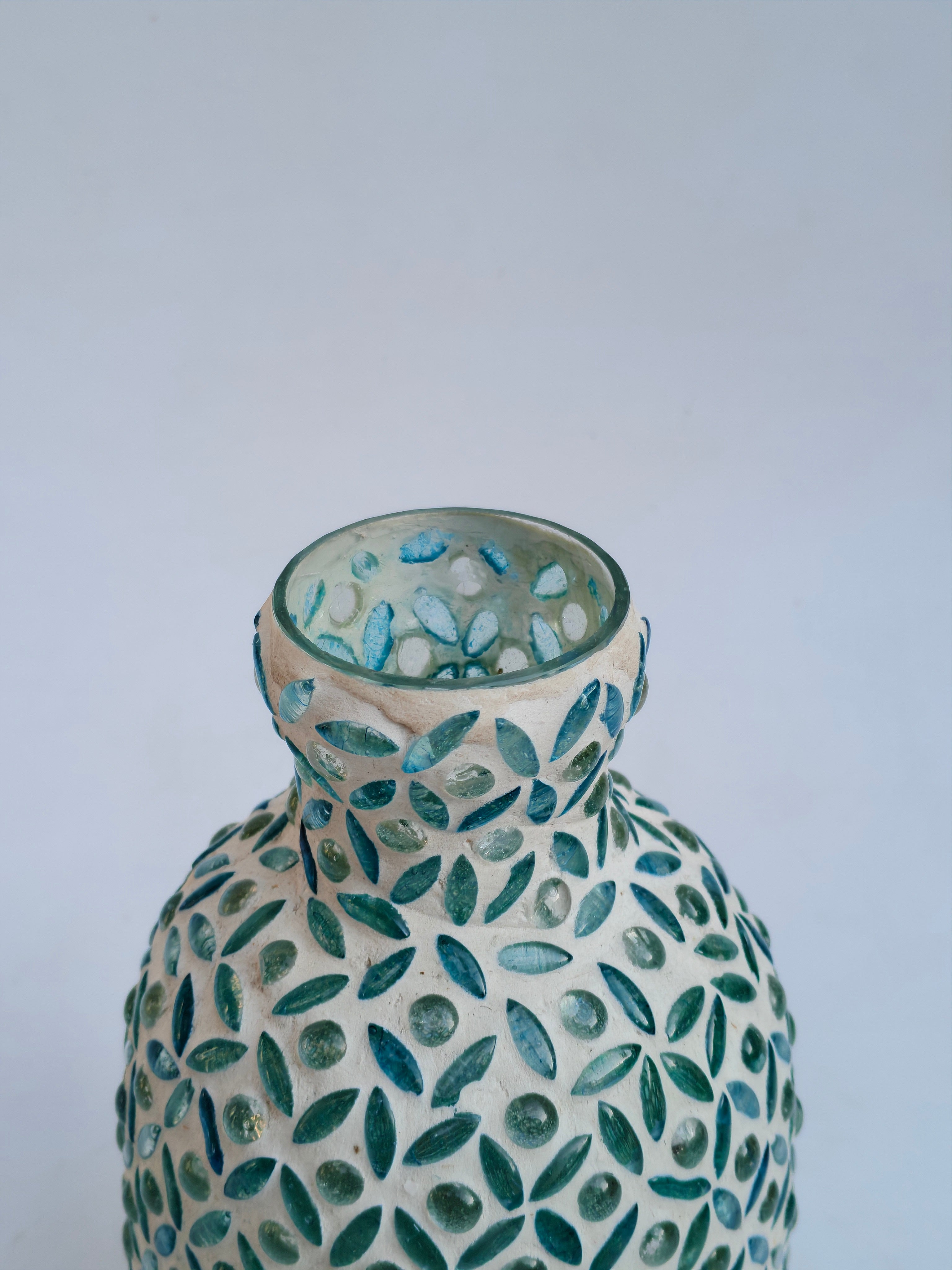 Handcrafted Mosaic Glass Vase – White & Teal Decorative Accent