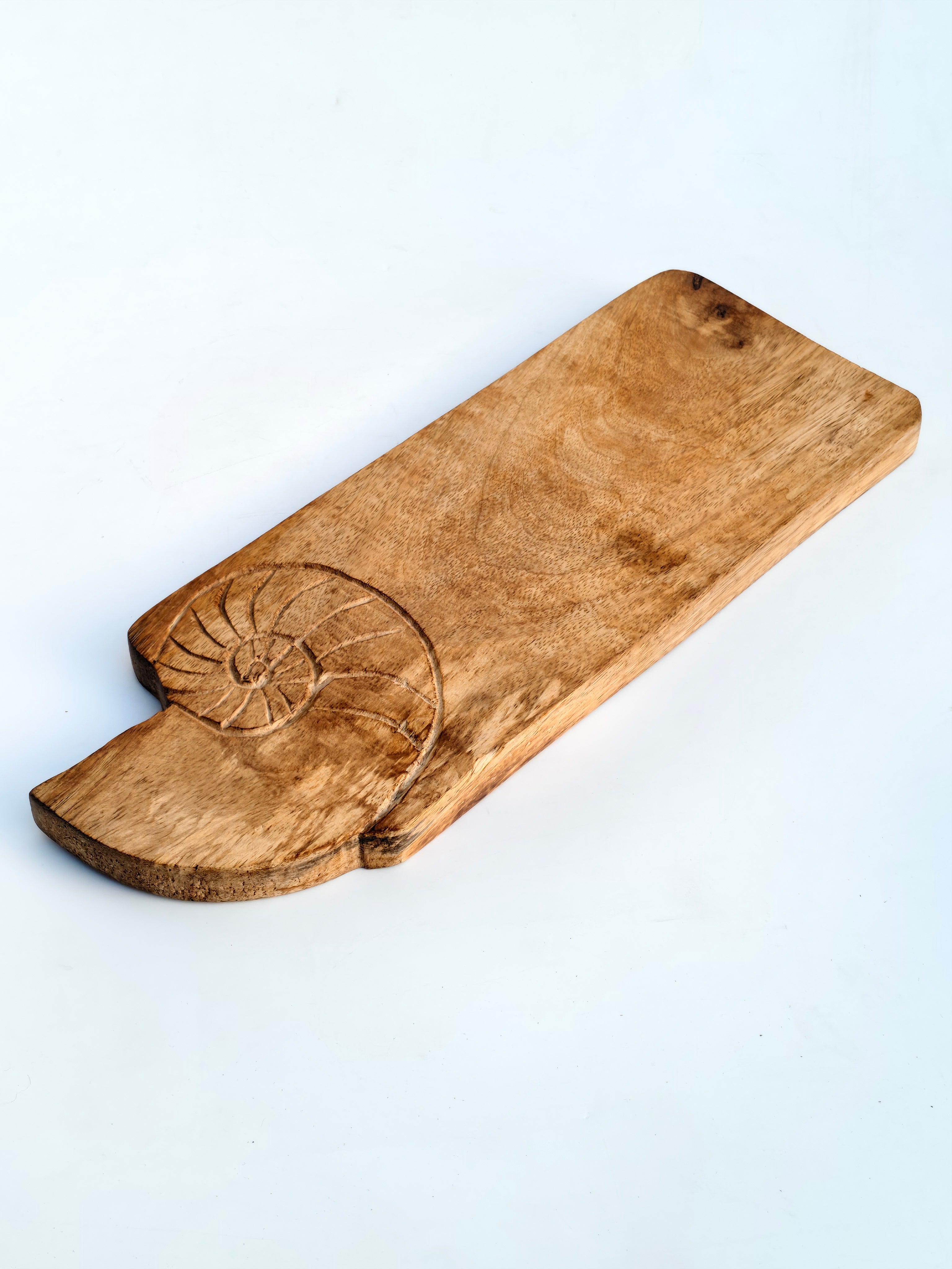 Handcrafted Wooden Serving Board with Nautilus Shell Carving