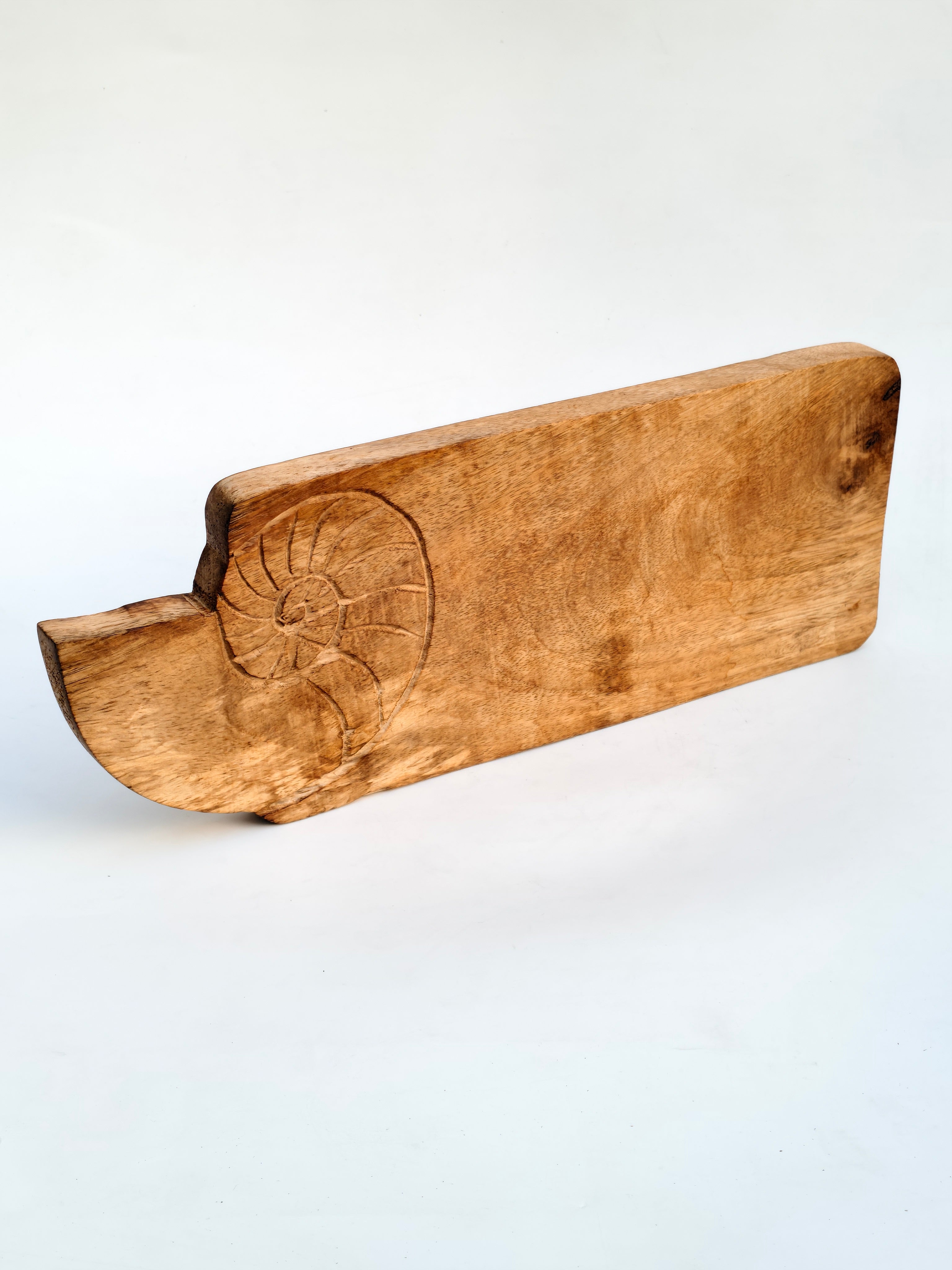 Handcrafted Wooden Serving Board with Nautilus Shell Carving