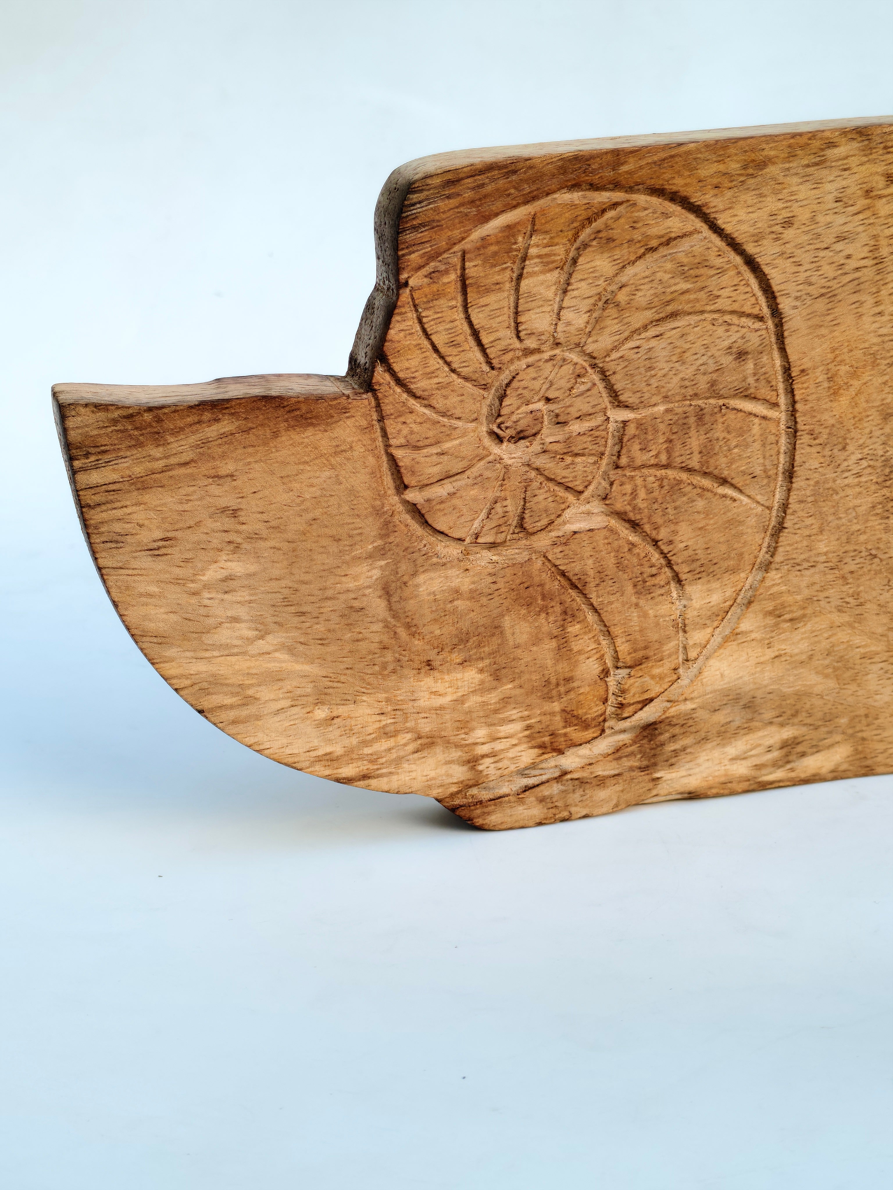 Handcrafted Wooden Serving Board with Nautilus Shell Carving