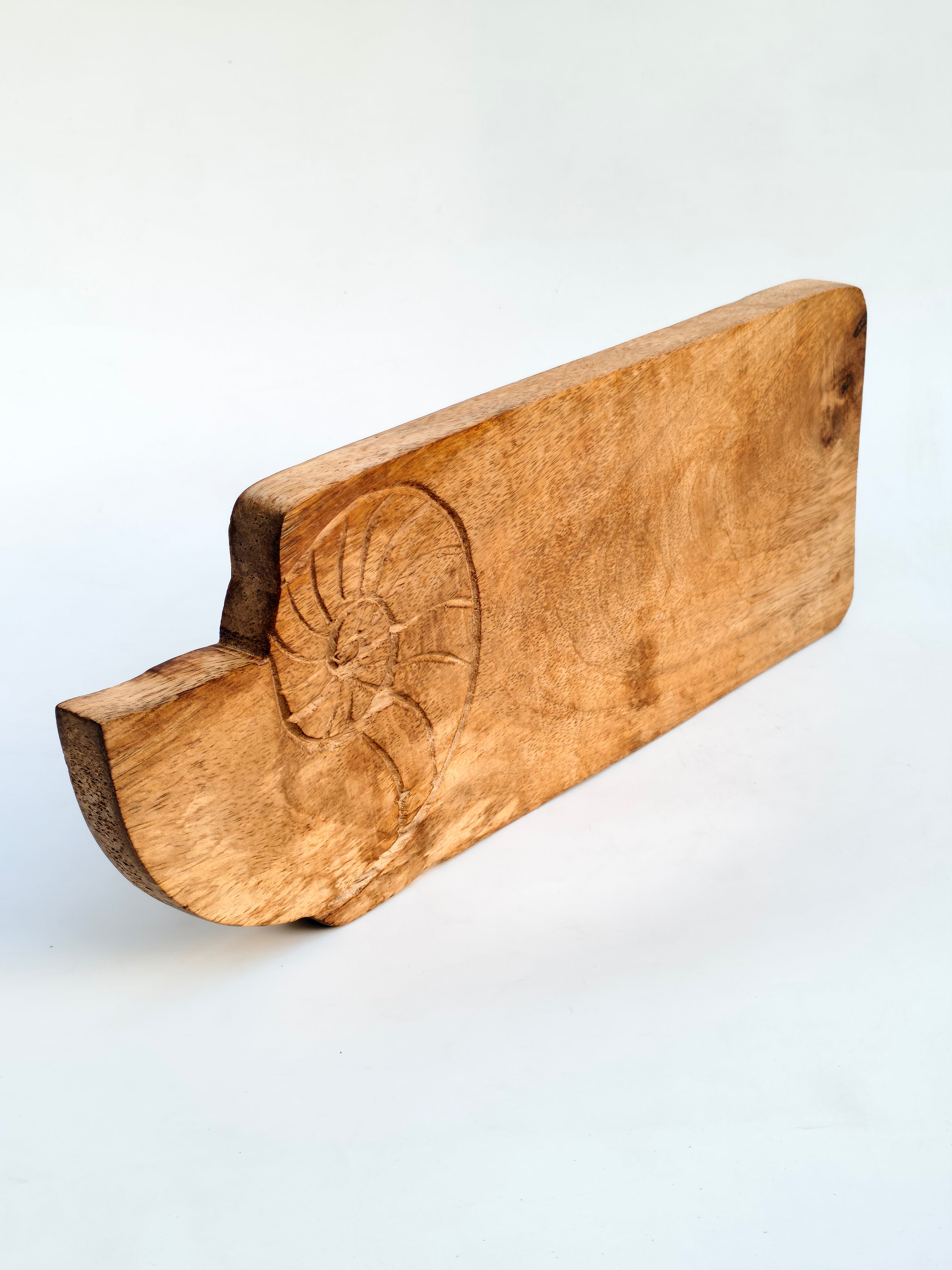 Handcrafted Wooden Serving Board with Nautilus Shell Carving