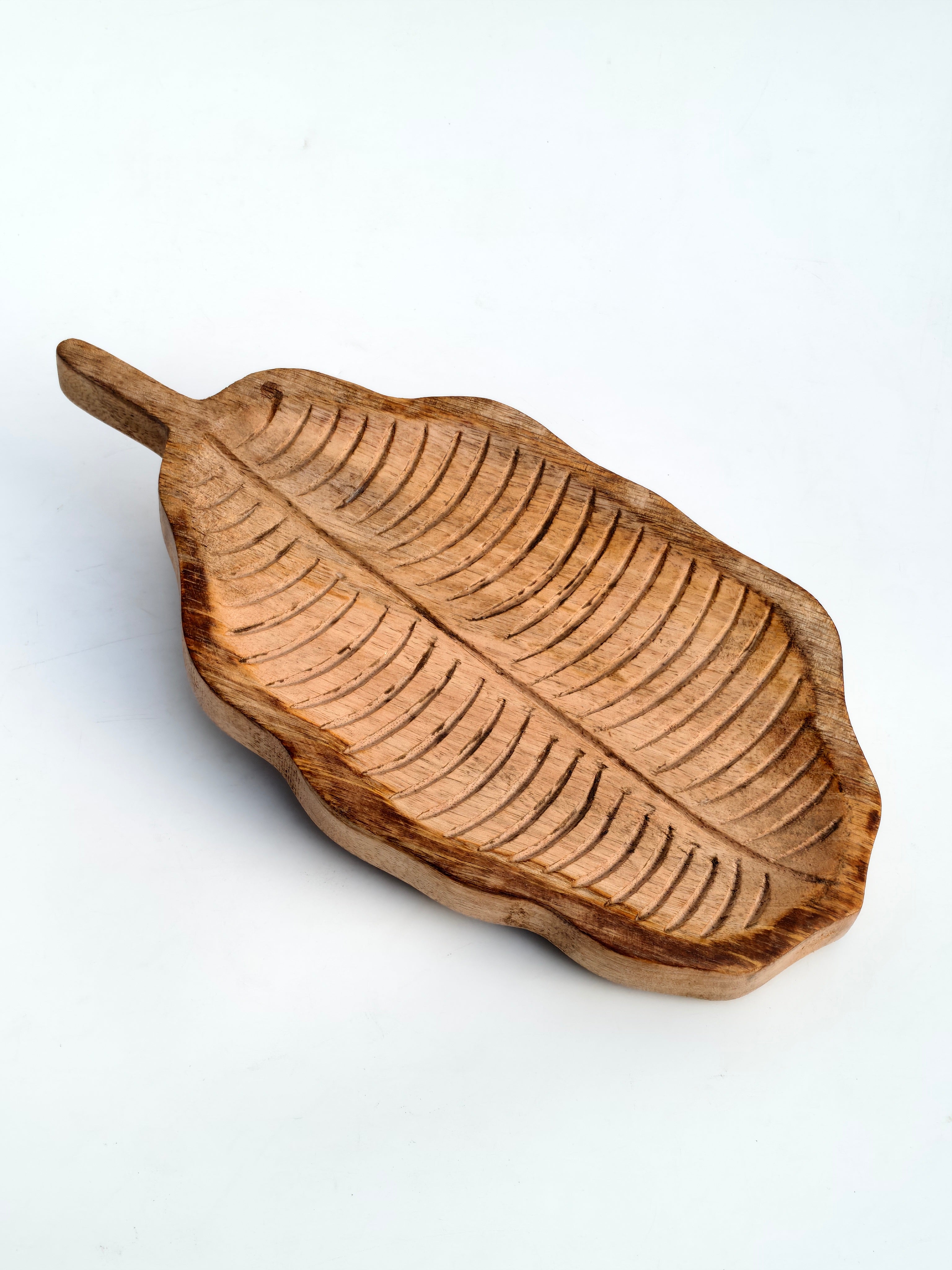 Handcrafted Mango Wood Leaf Serving Tray with Handle
