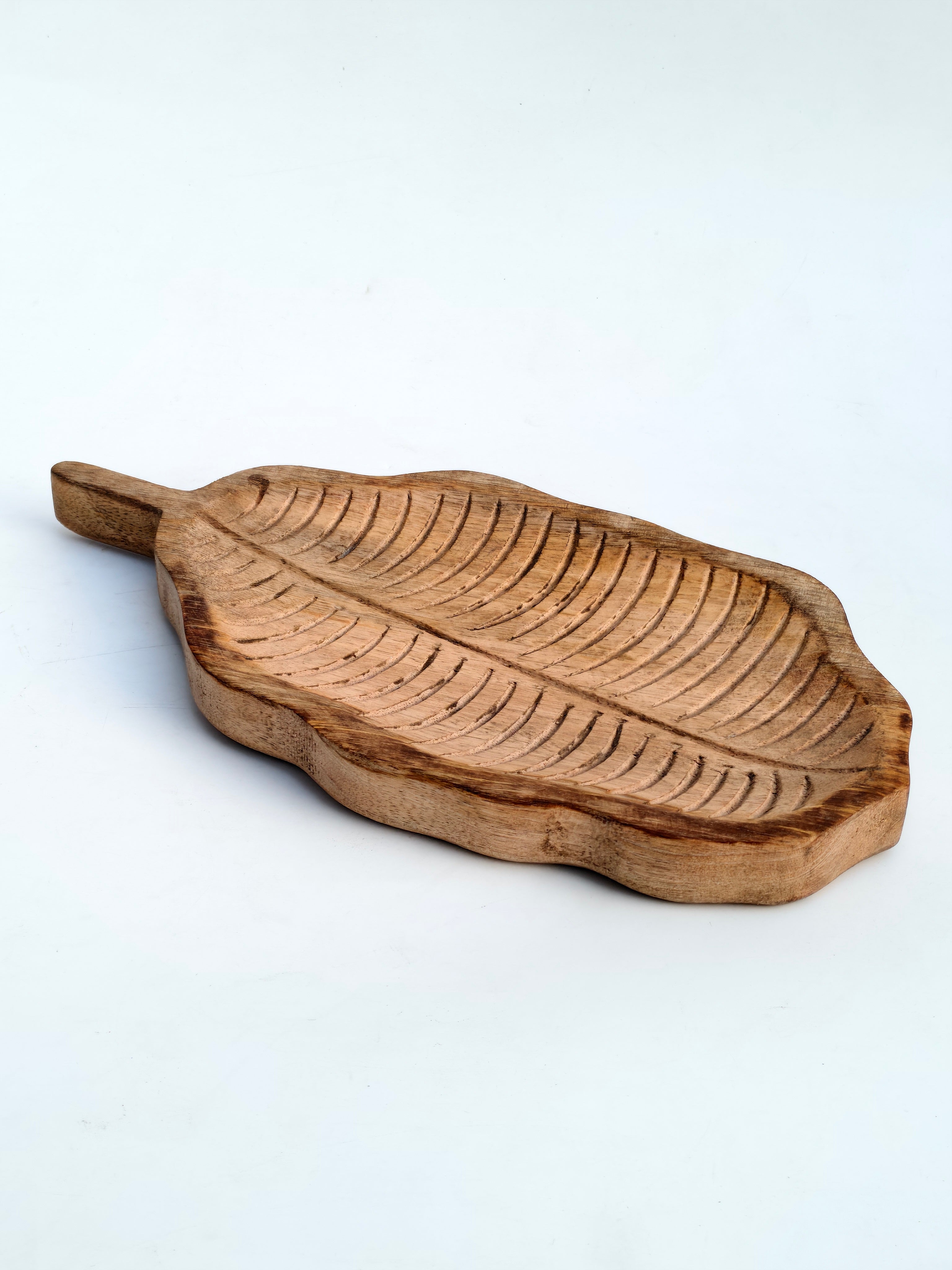 Handcrafted Mango Wood Leaf Serving Tray with Handle